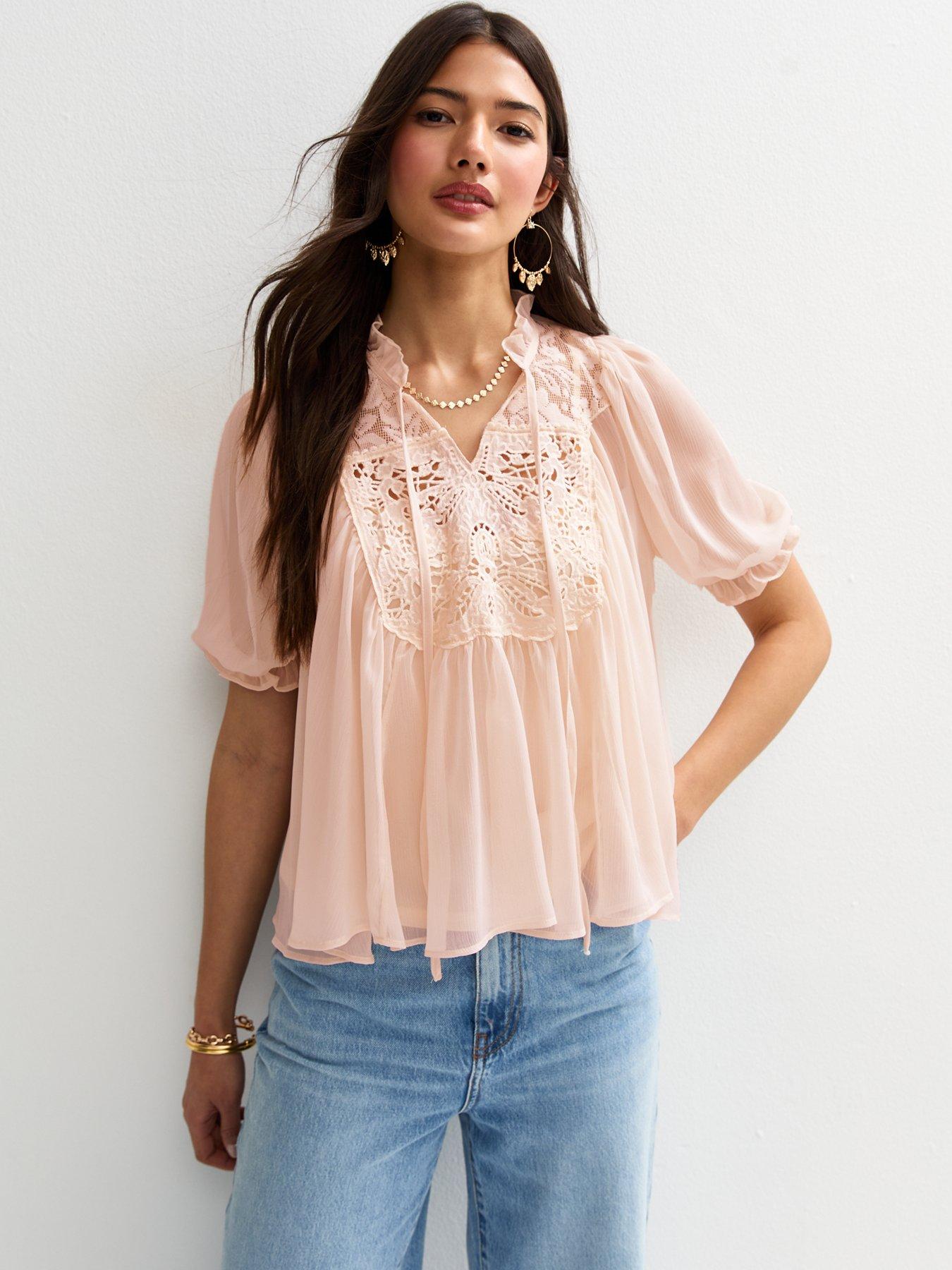 New Look Chiffon Lace Panel Short Sleeve Blouse - Cream