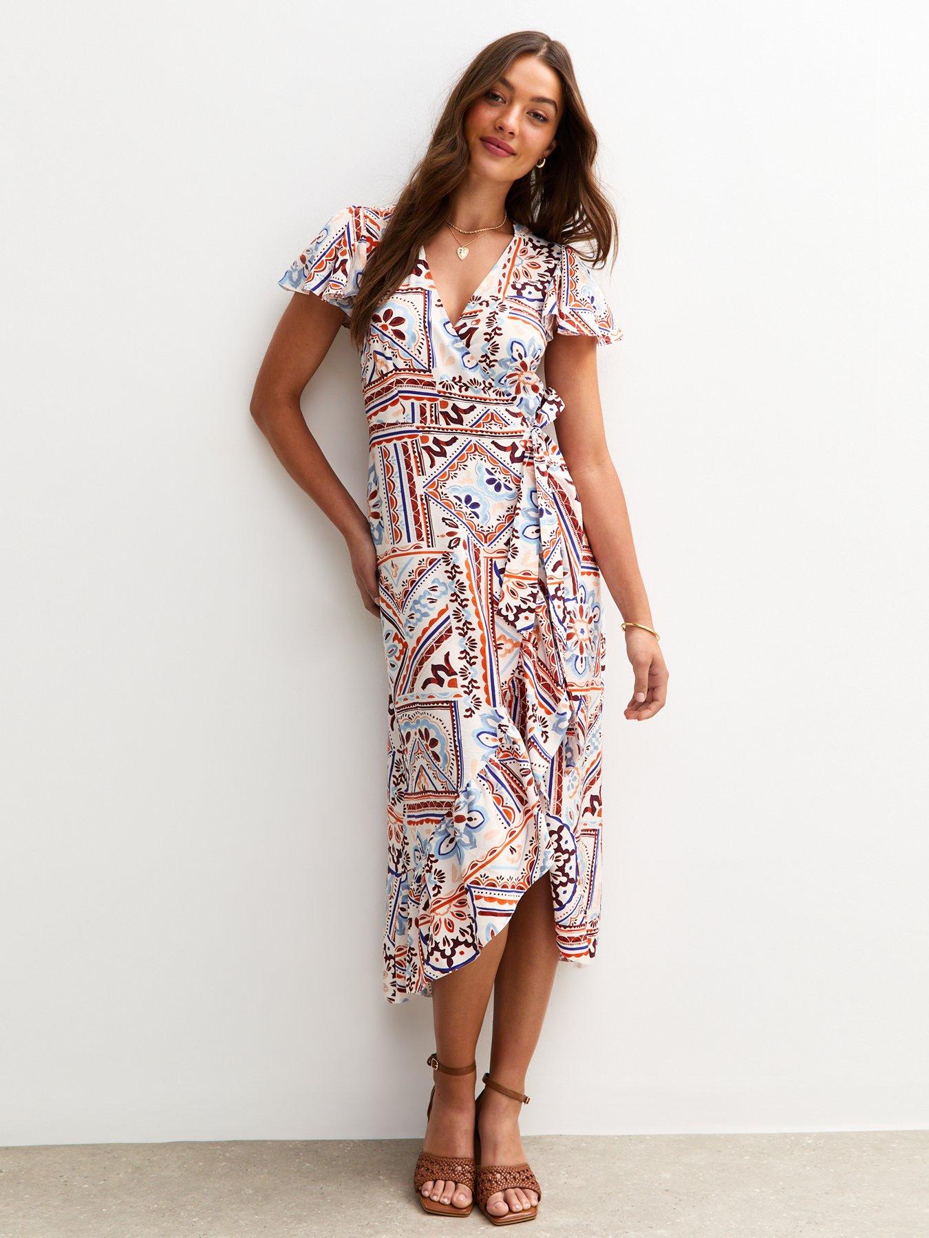 undefined White Tile Print Wrap Midi Dress