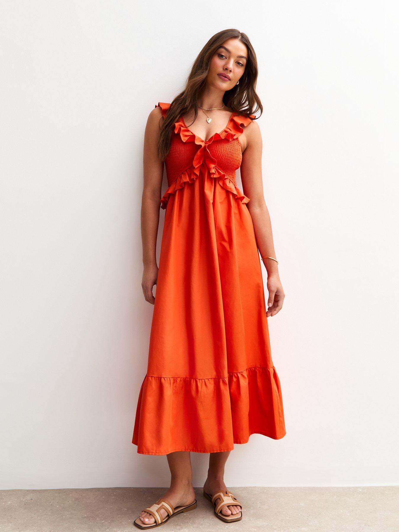 undefined Orange Ruffle Trim Tiered Hem Midi Dress