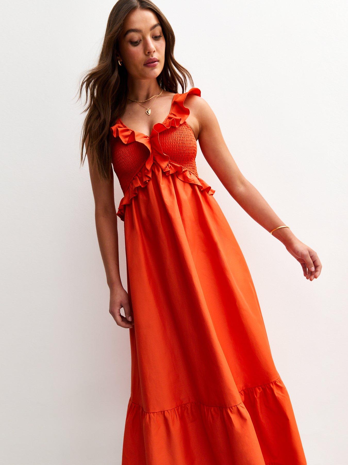 Image 3 of 4 of New Look Orange Ruffle Trim Tiered Hem Midi Dress