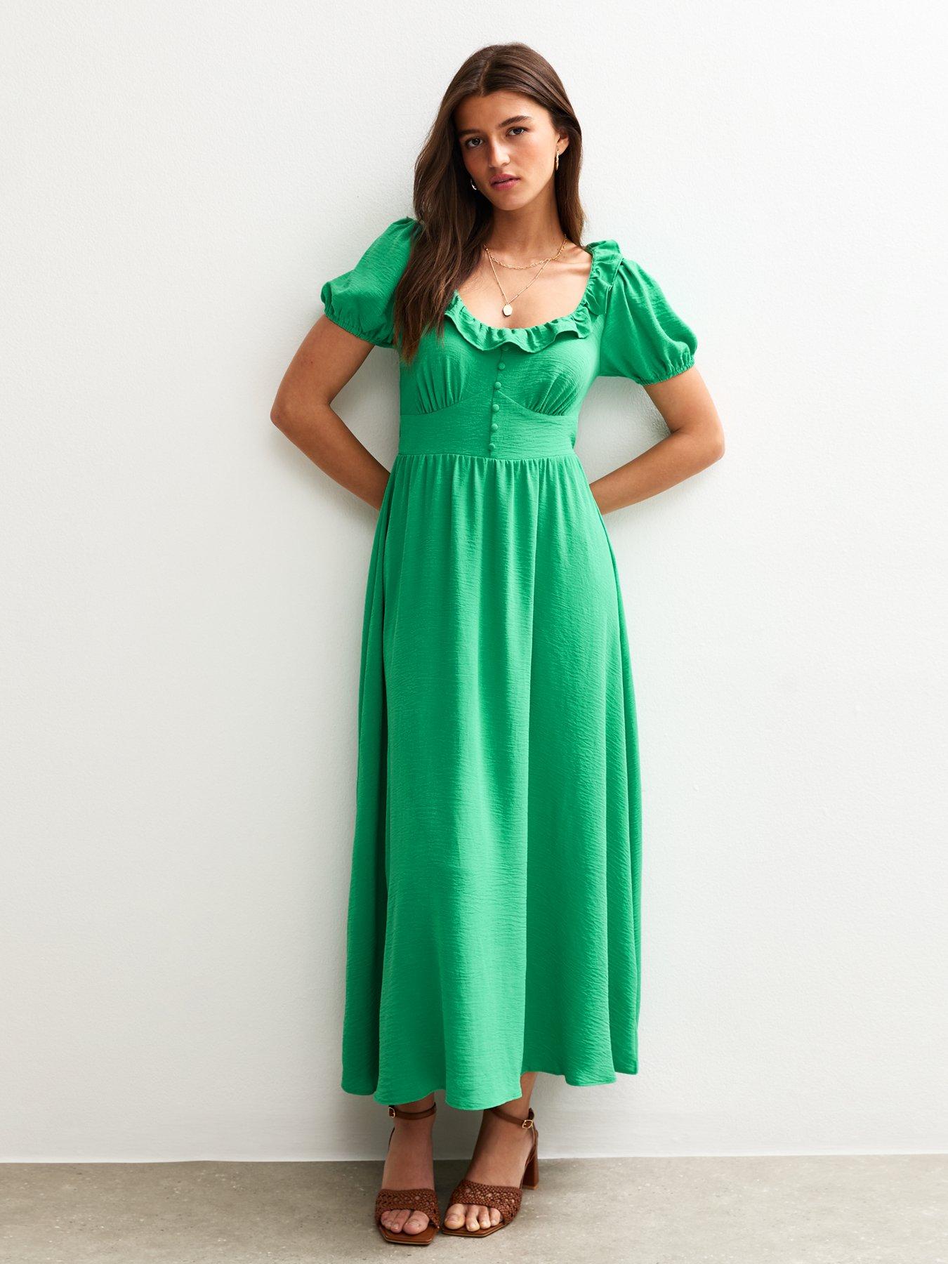 undefined Ruffle Trim V-Neck Midi Dress - Bright Green