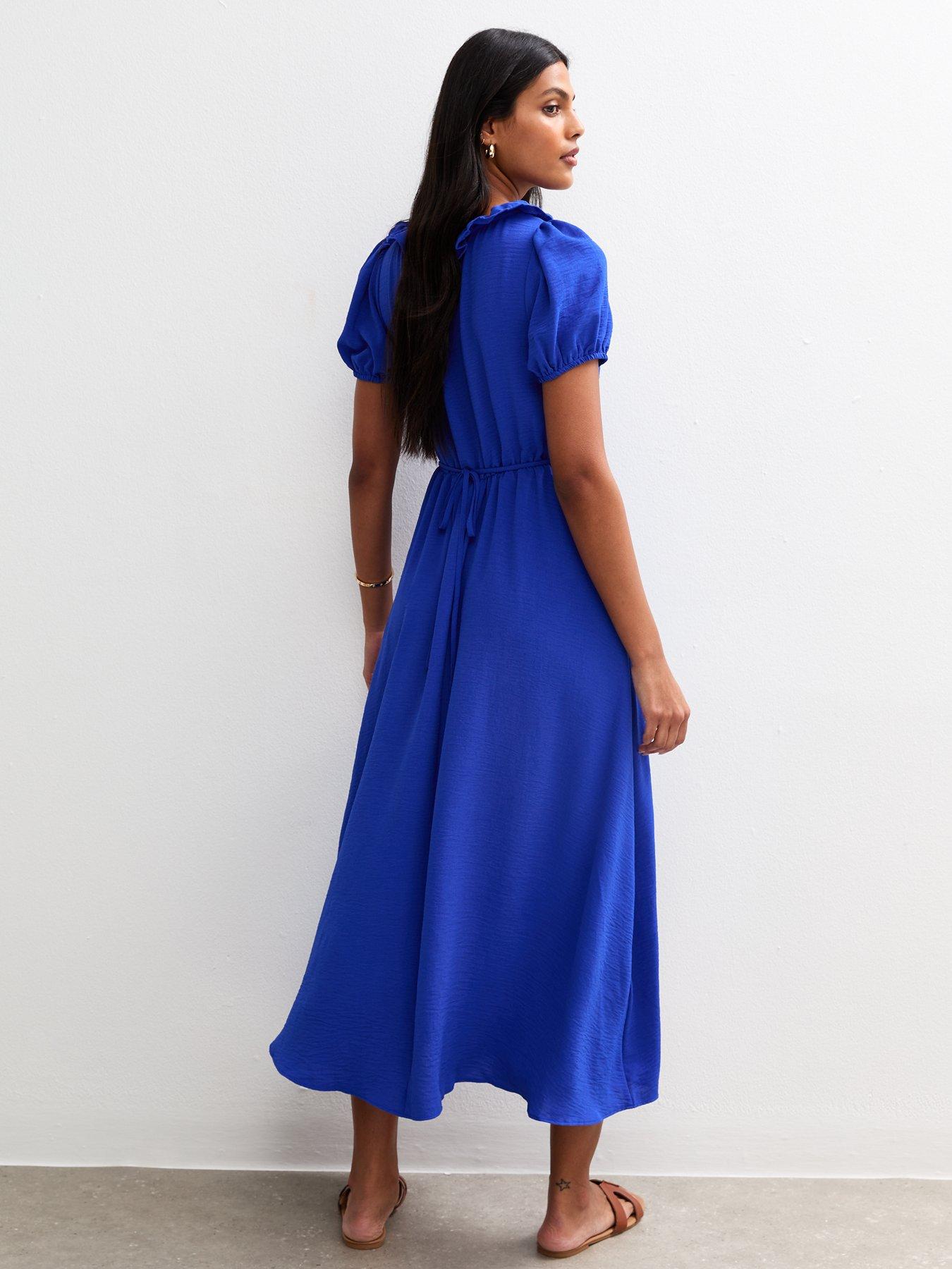 New Look Bright Blue Ruffle Trim V-neck Midi Dress