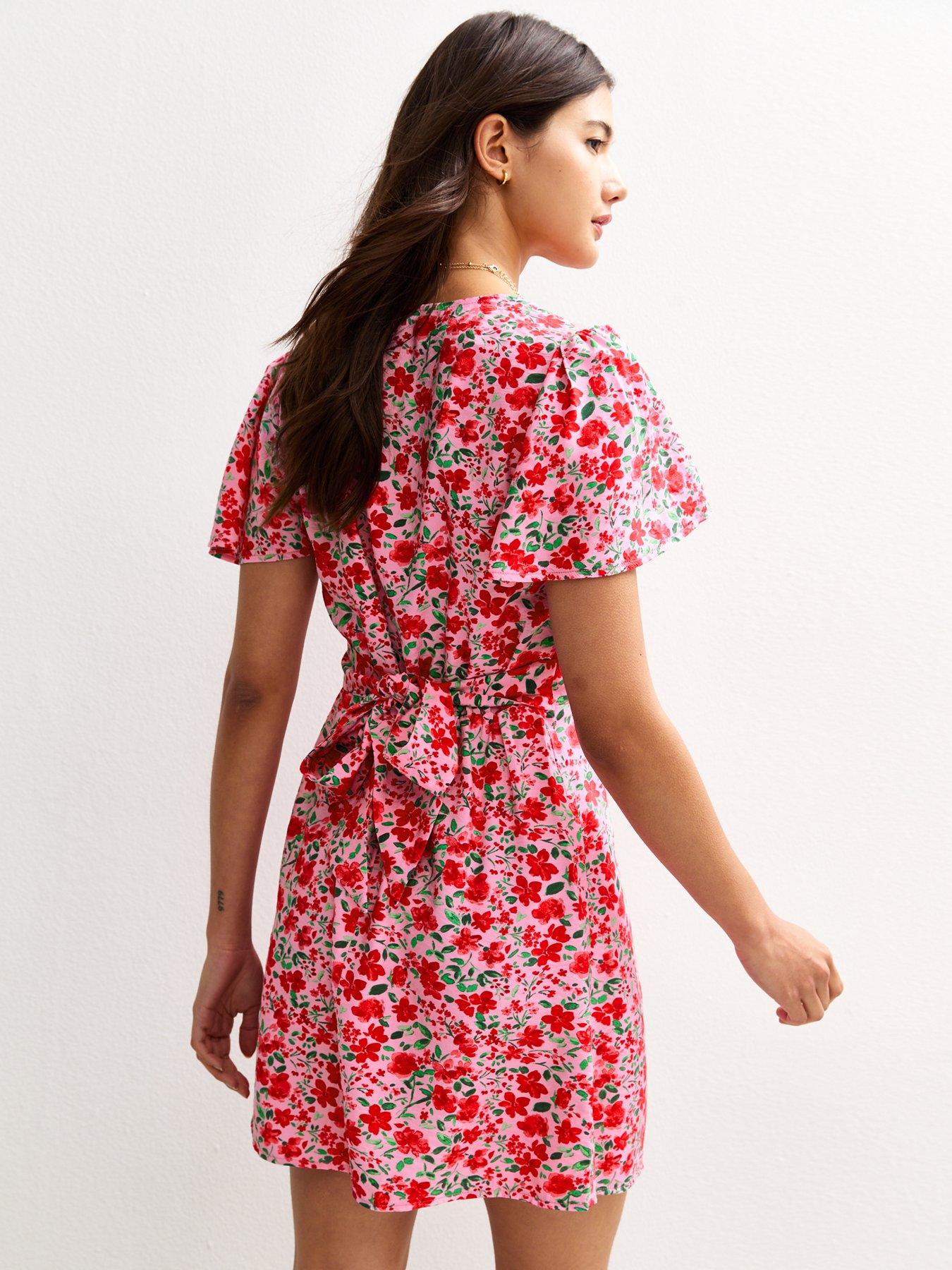 RED V-NECK COLLAR MINI DRESS WITH PINK ACCENT main image 1