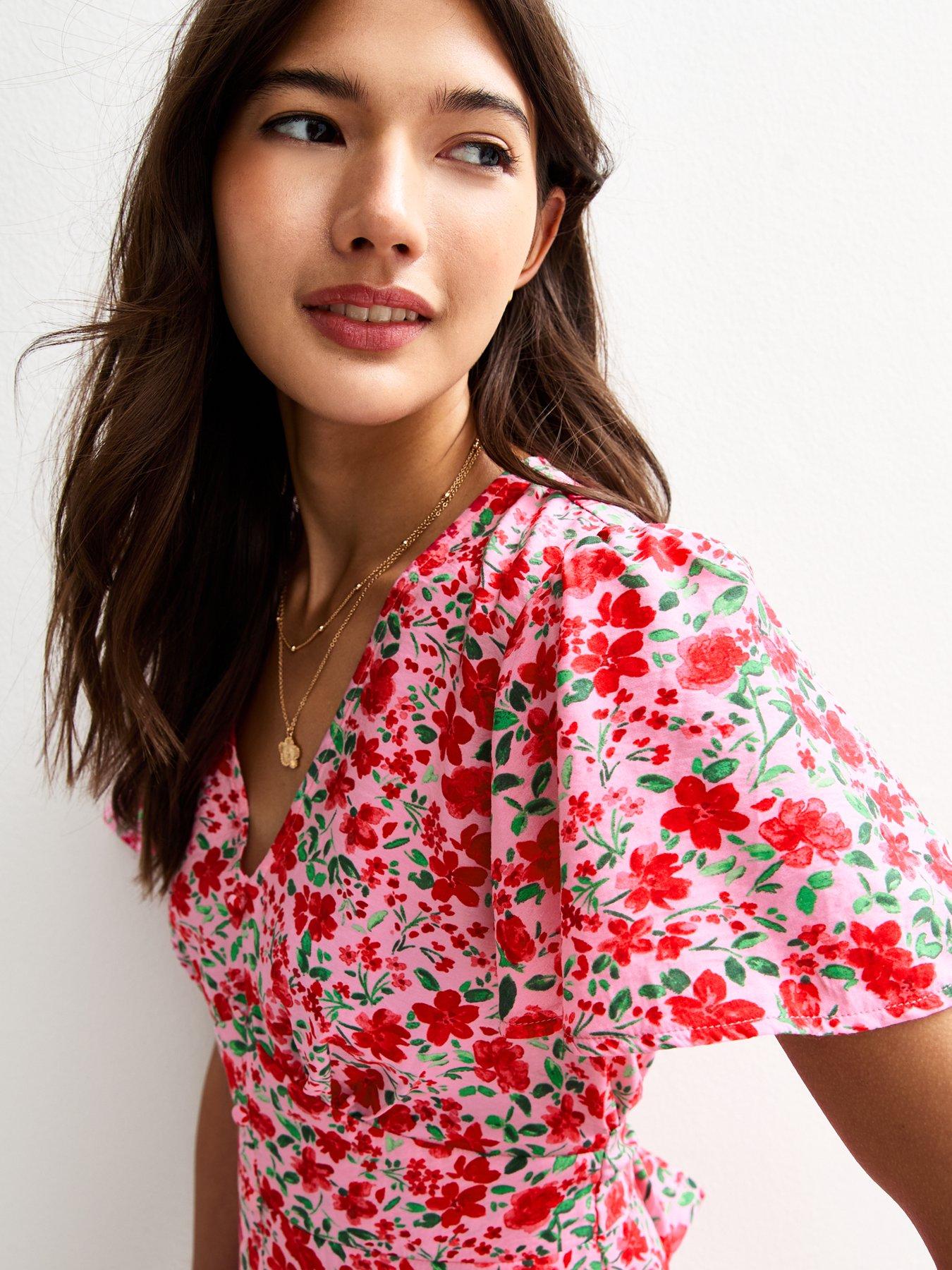 Light Pink Boho Floral V Neck Tiered Mini Dress