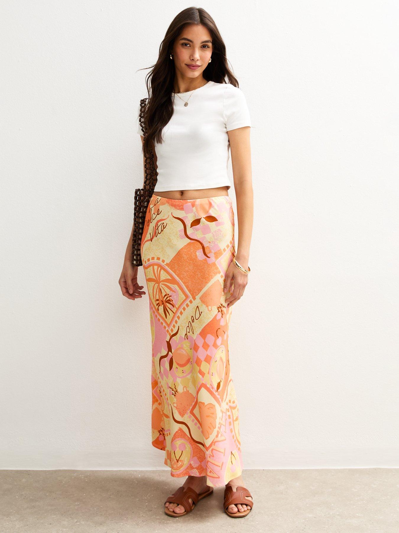 undefined Orange La Dolce Vita Bias Cut Print Midi Skirt