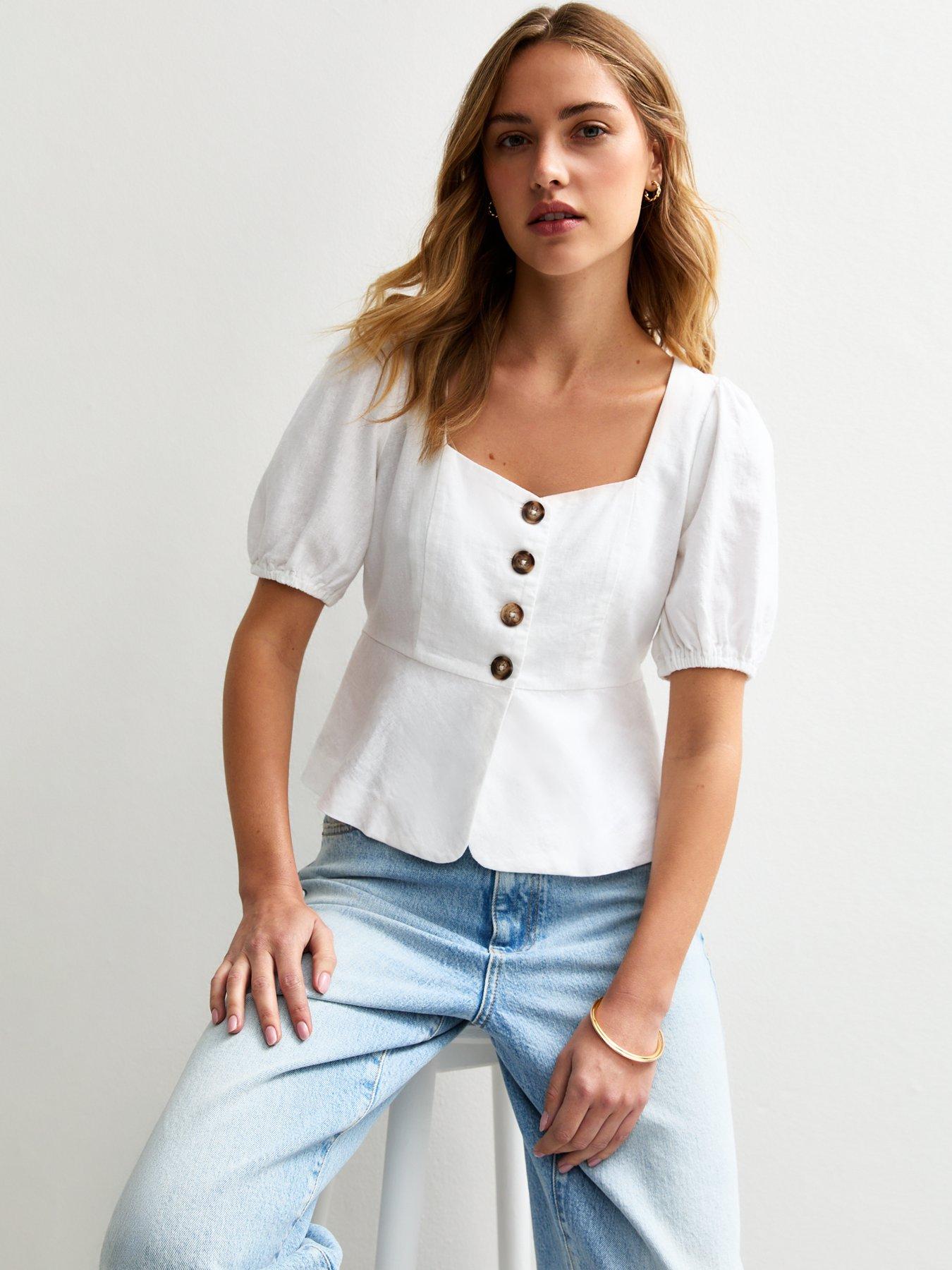 undefined White Linen Blend Button Up Peplum Top