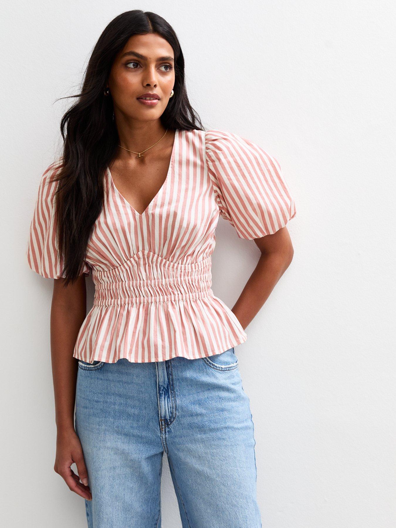 undefined Striped Shirred Waist Puff Sleeve Top - Pink