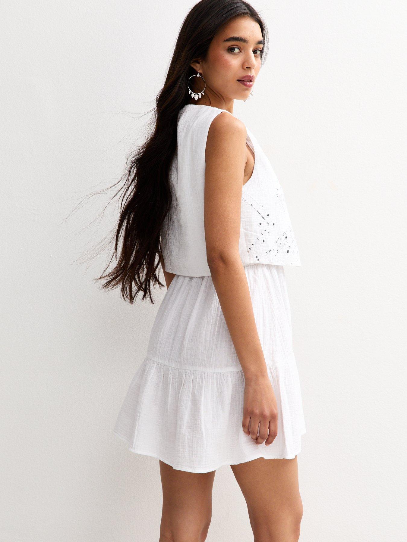 Image 2 of 4 of New Look White 2 In 1 Waistcoat Tiered Mini Dress
