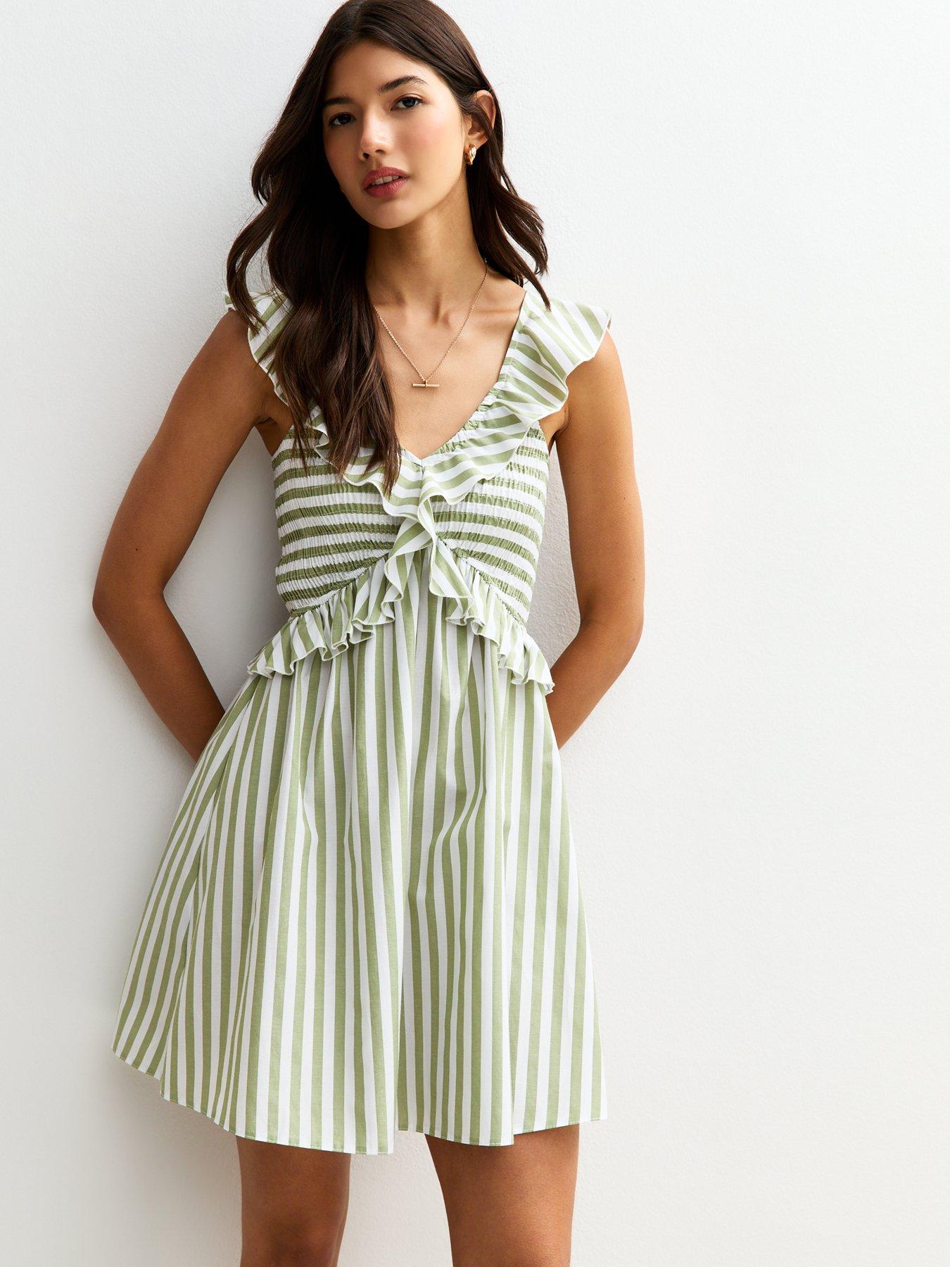 New Look: Green Striped Print Ruffle Trim Shirred Mini Dress