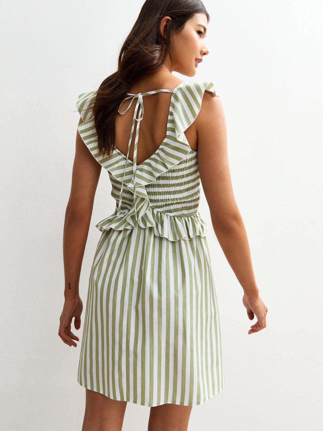 Image 2 of 5 of New Look Green Striped Print Ruffle Trim Shirred Mini Dress