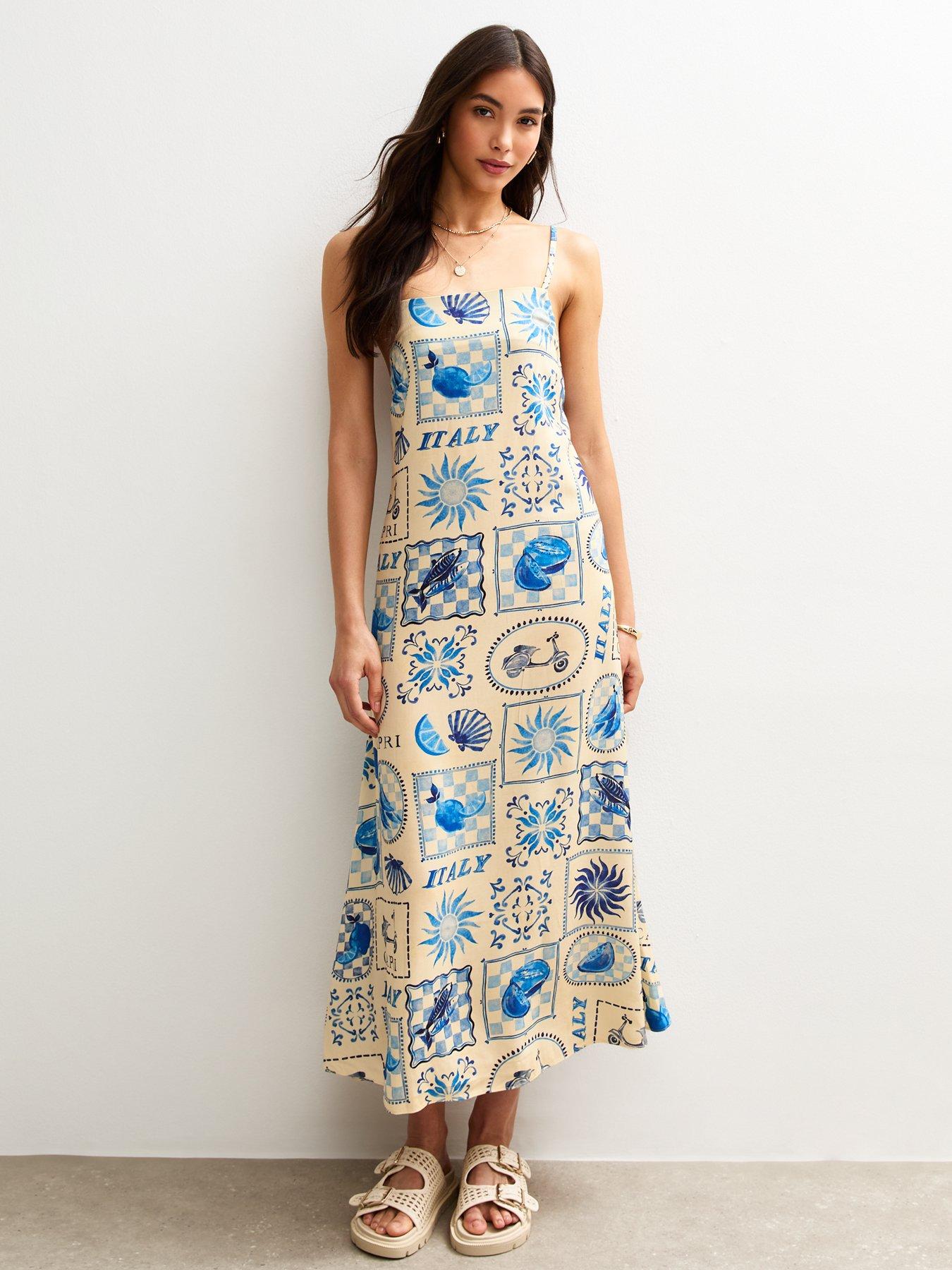 undefined Blue Tile Print Square Neck Midi Dress