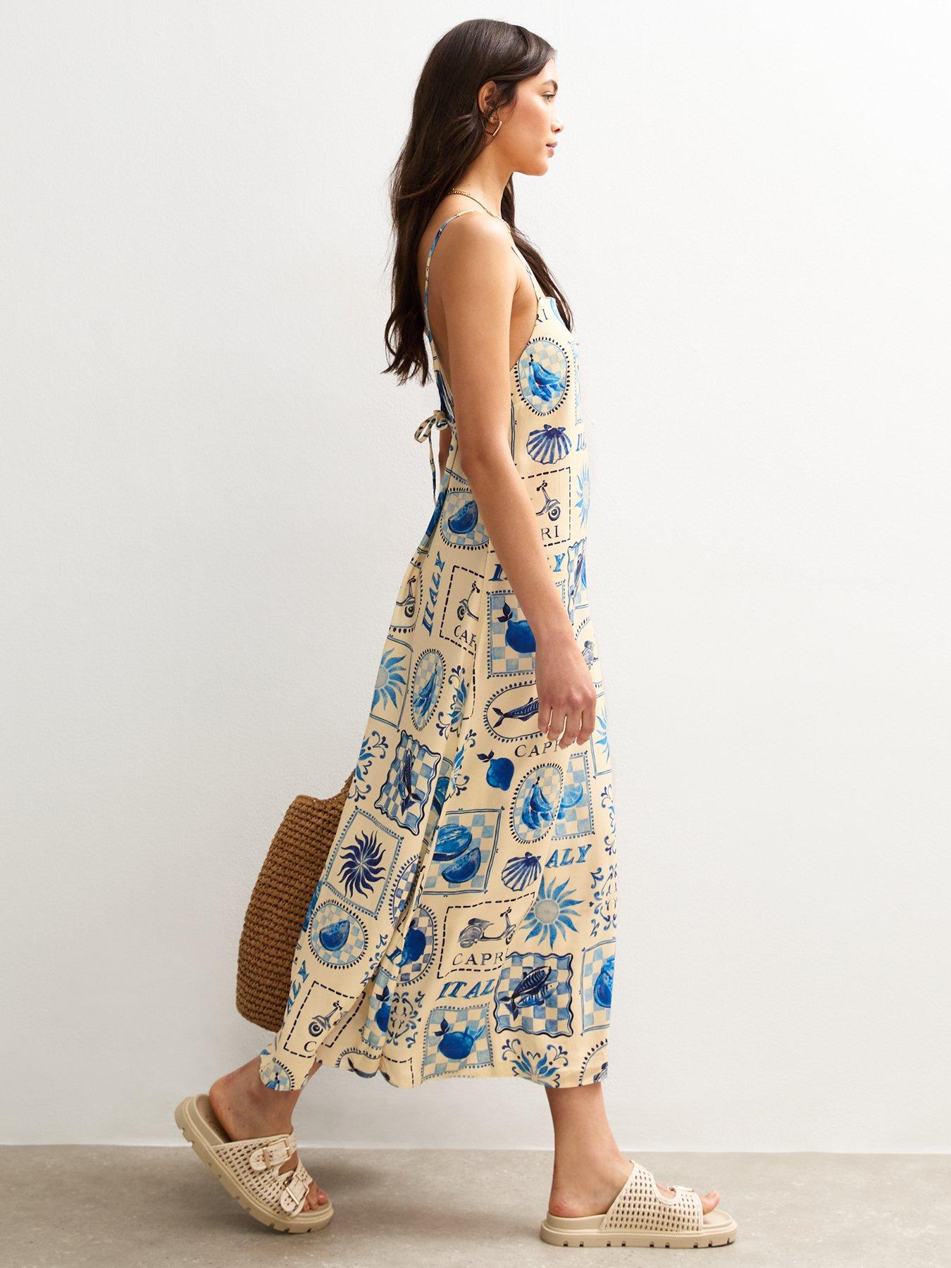 New Look Blue Tile Print Square Neck Midi Dress | Very