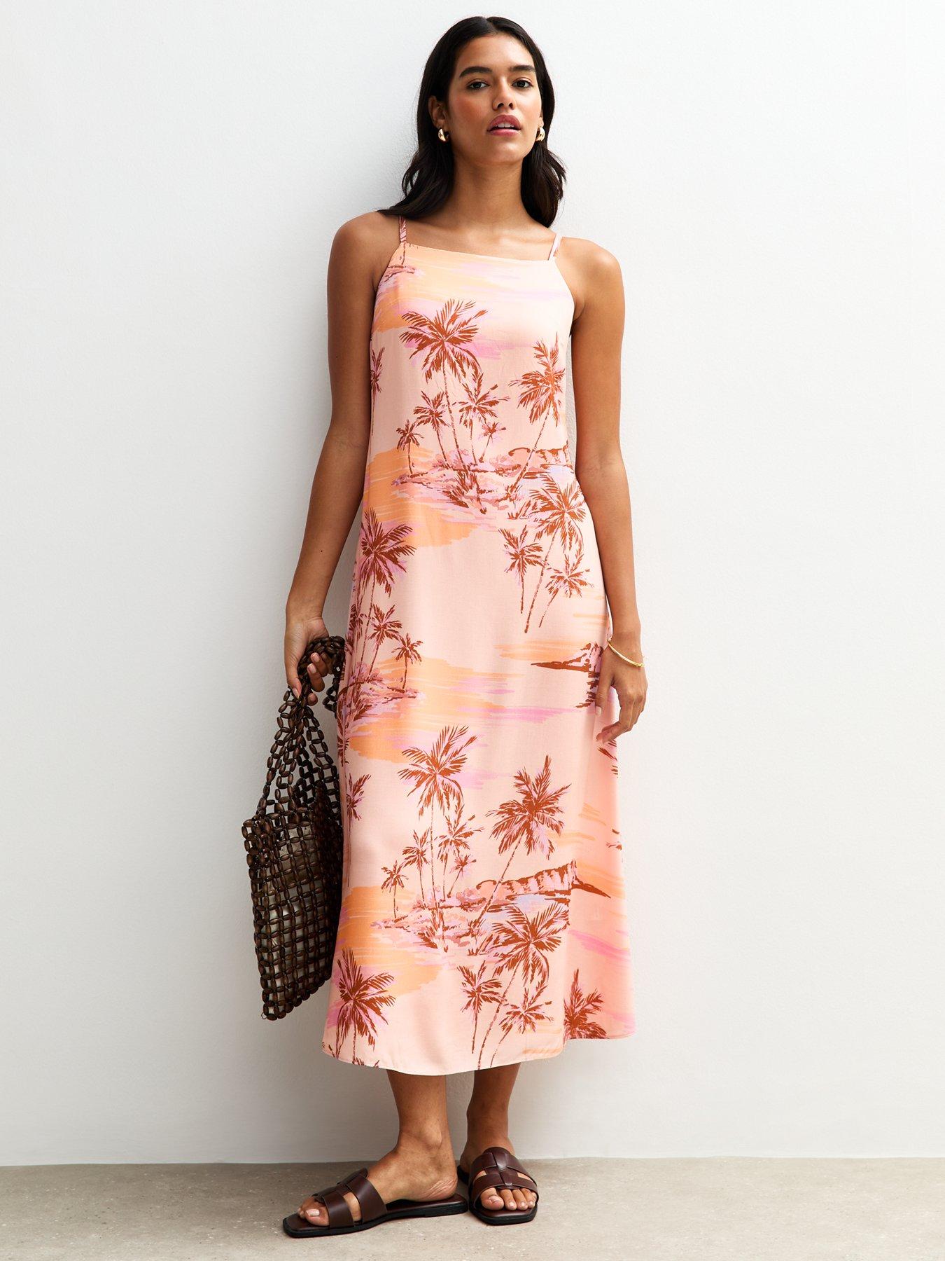 undefined Pink Palm Print Square Neck Midi Dress