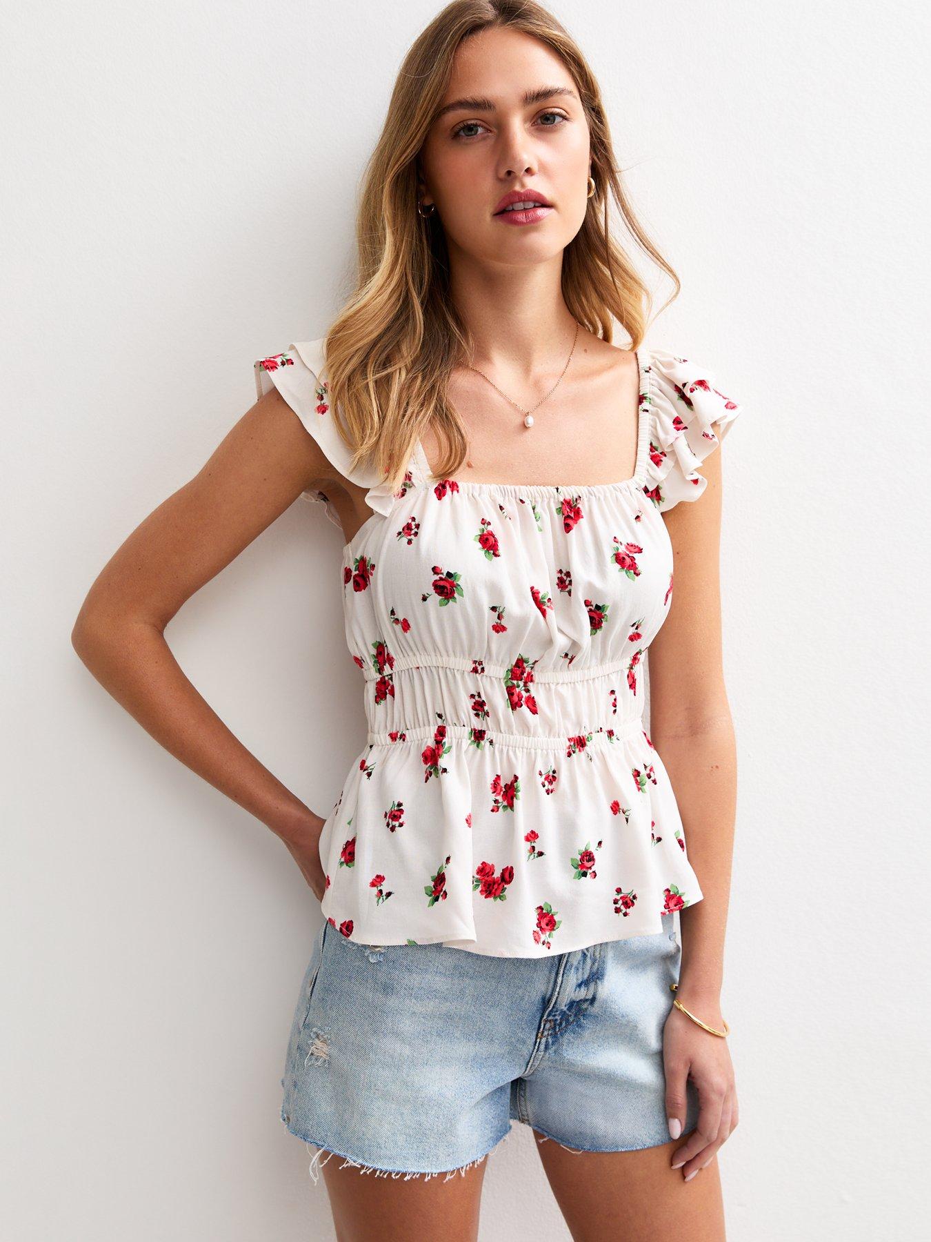 undefined Red Rose Print Shirred Waist Tea Top