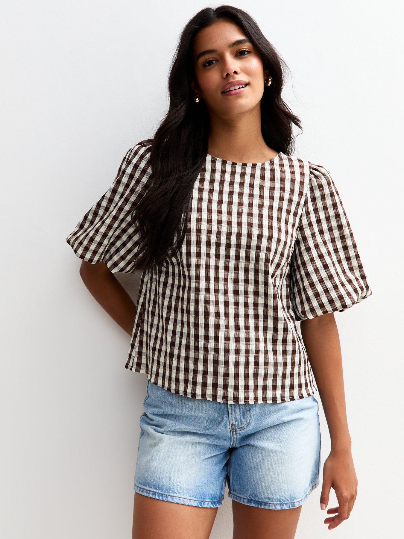 undefined Brown Check Pattern Bow Back Puff Sleeve Top