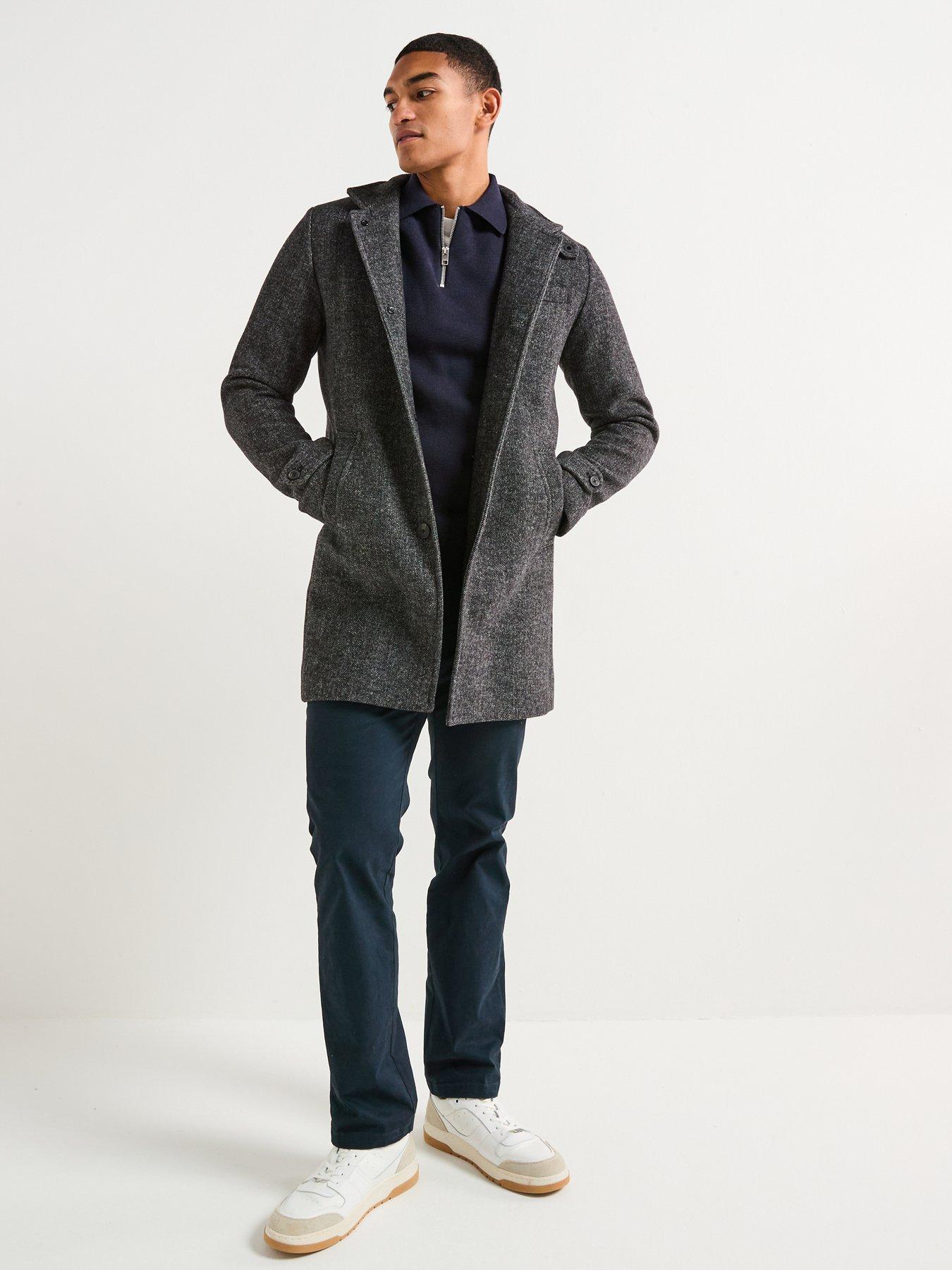 Jack & Jones Melton Wool Blend Stand Collar Overcoat - Dark Grey