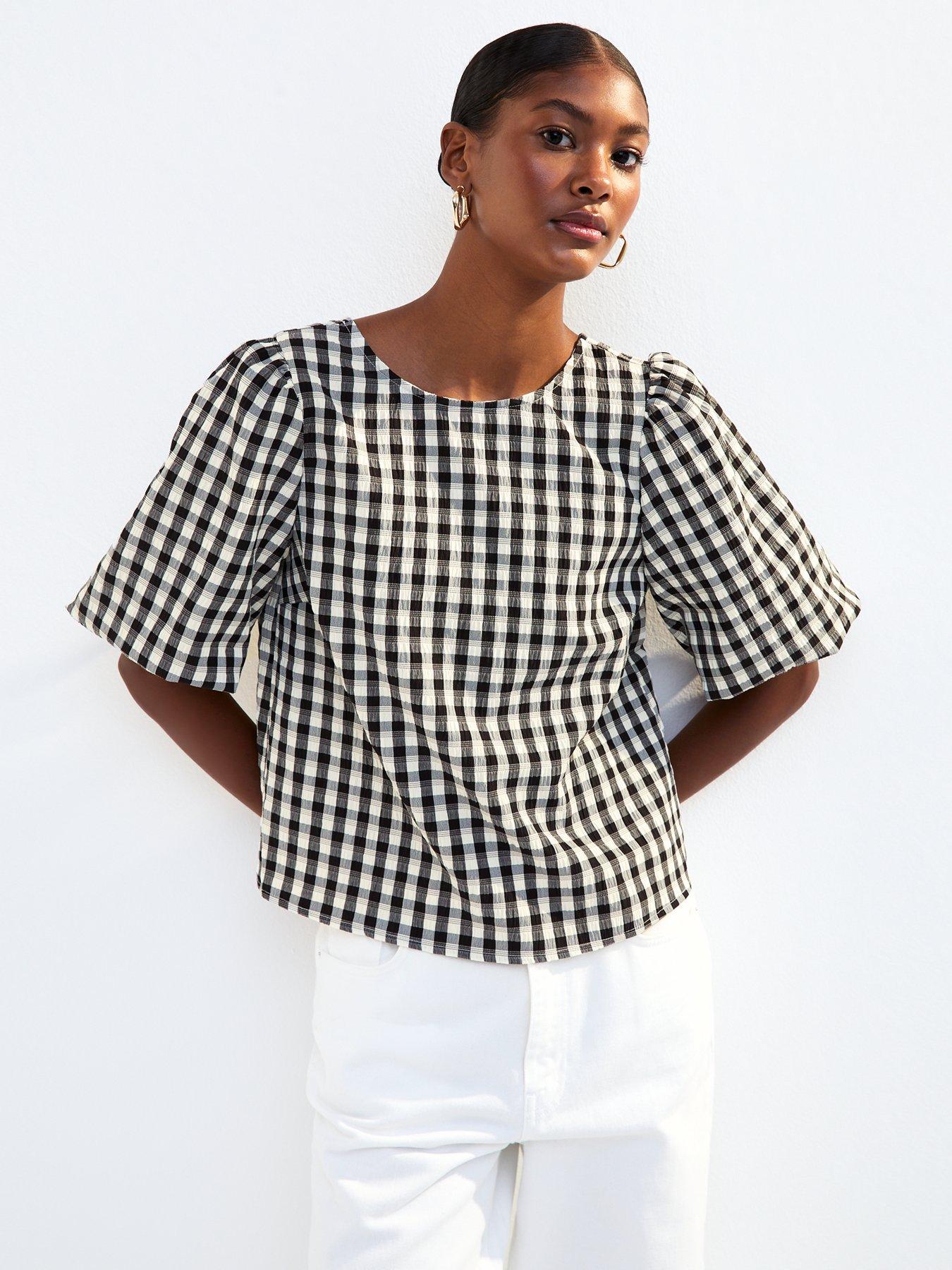 undefined Black Check Pattern Bow Back Puff Sleeve Top