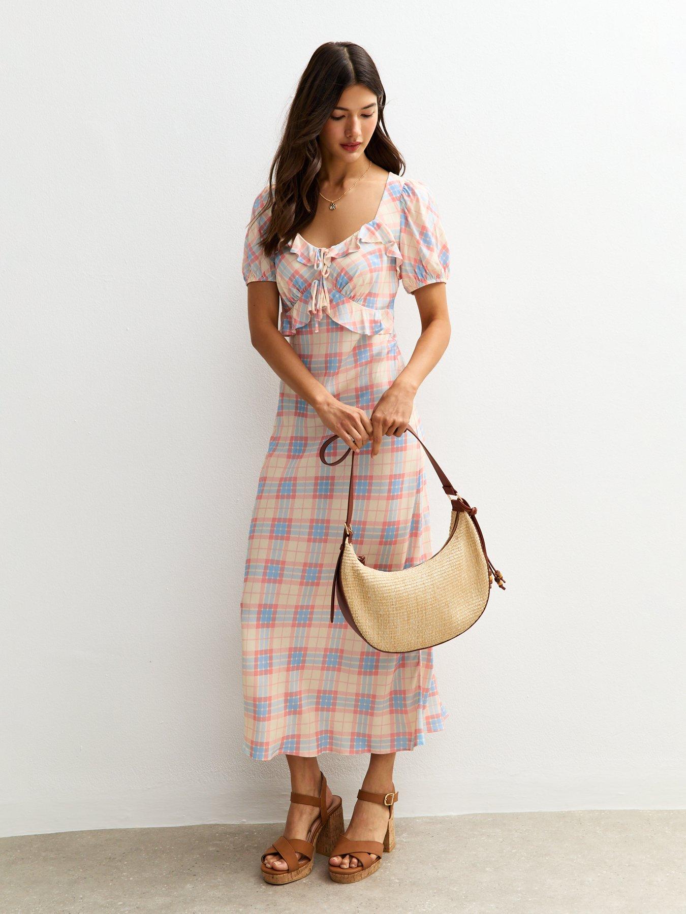 undefined Cream Check Print Ruffle Milkmaid Midi Dress