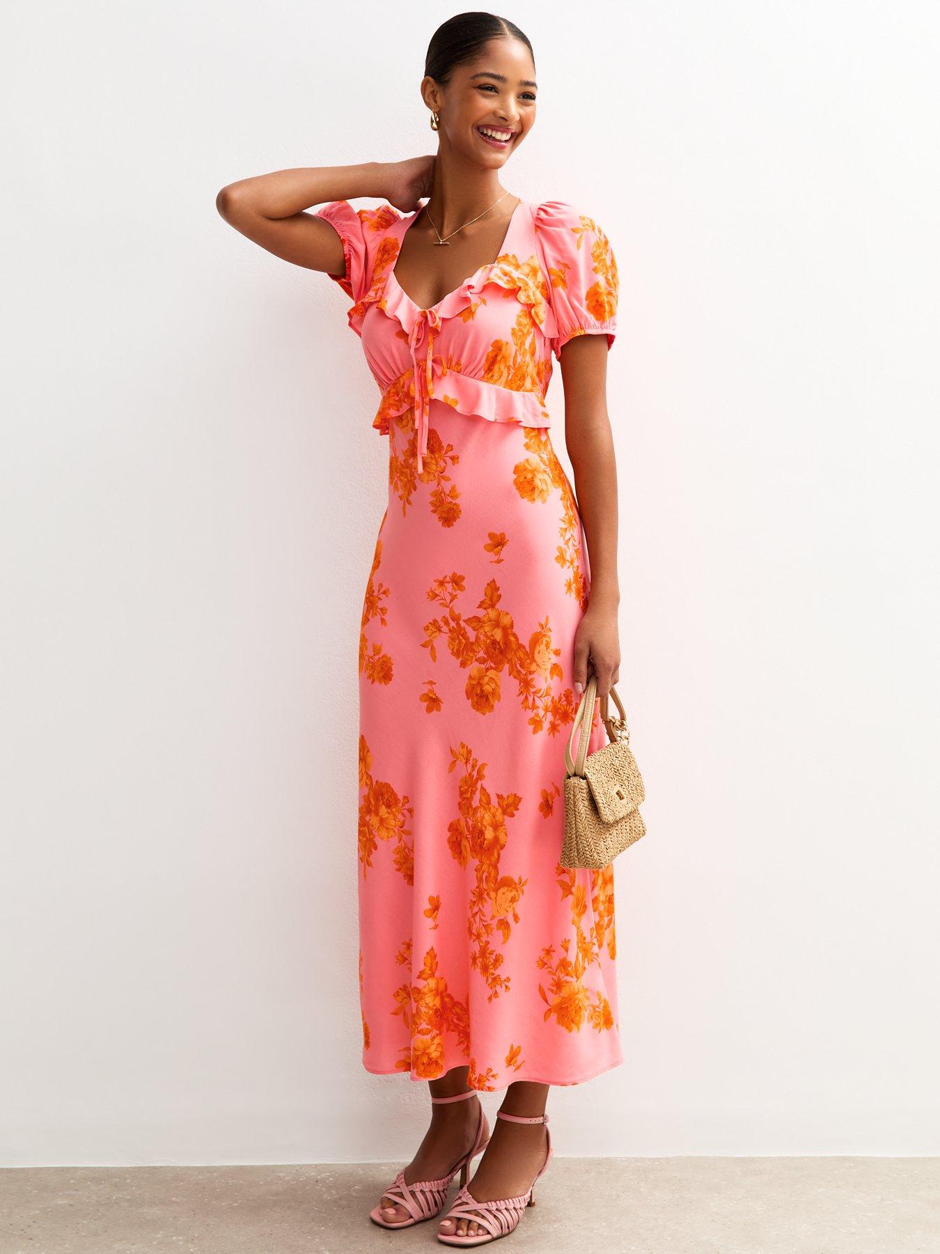 undefined Pink Floral Print Ruffle Trim Milkmaid Midi Dress