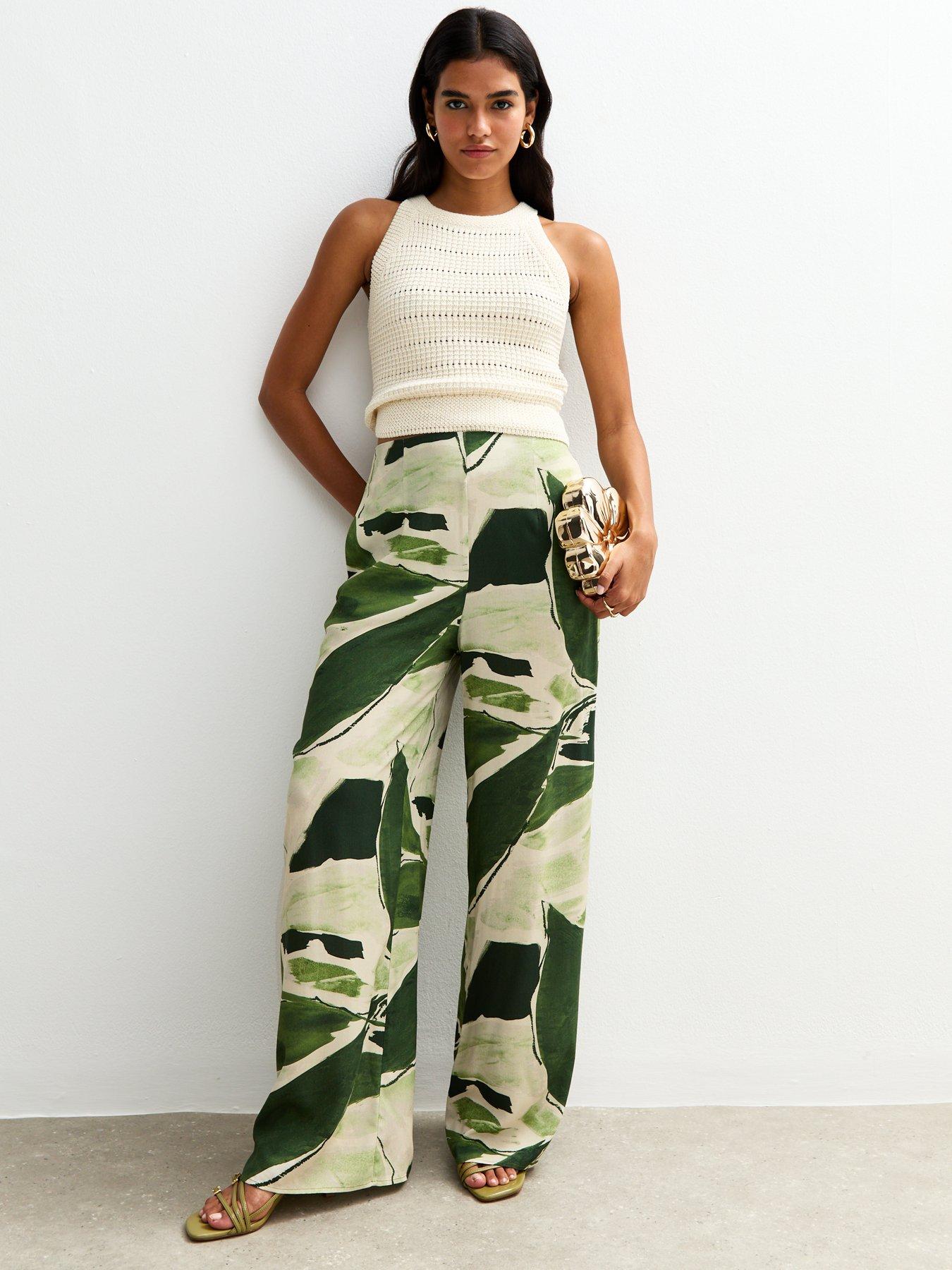 undefined Green Leaf Print Wide Leg Trousers