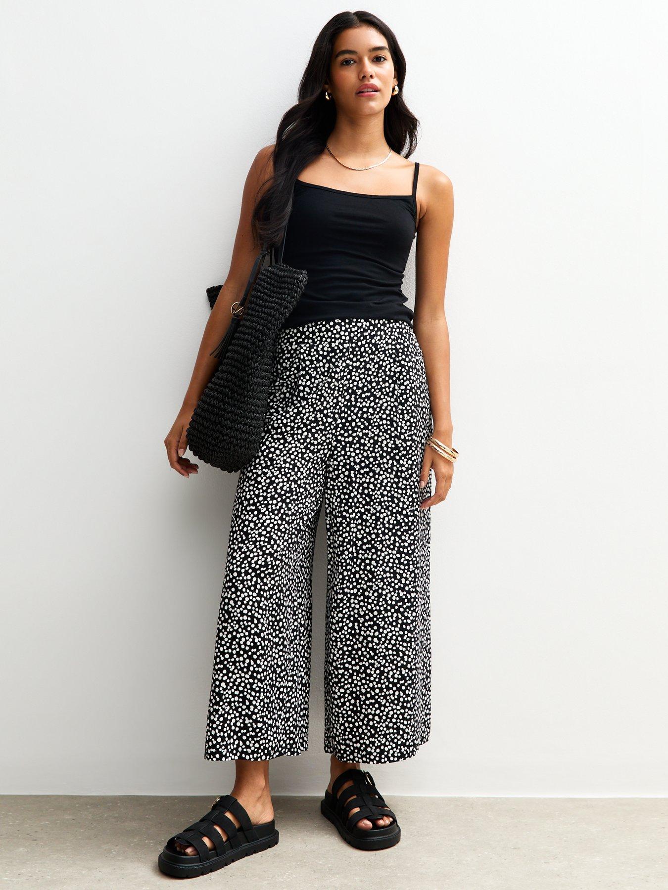 undefined Black Polka Dot Print Cropped Wide Leg Trousers