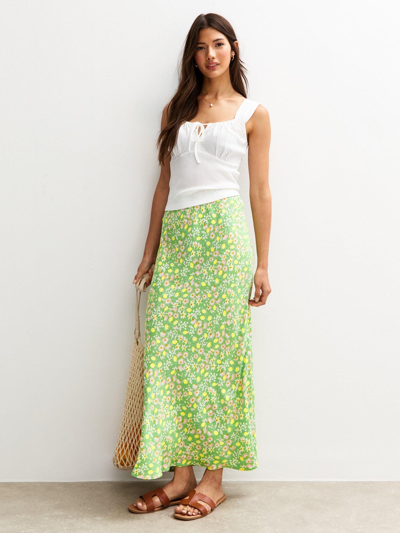 undefined Floral Lemon Print Bias Cut Midi Skirt - Green
