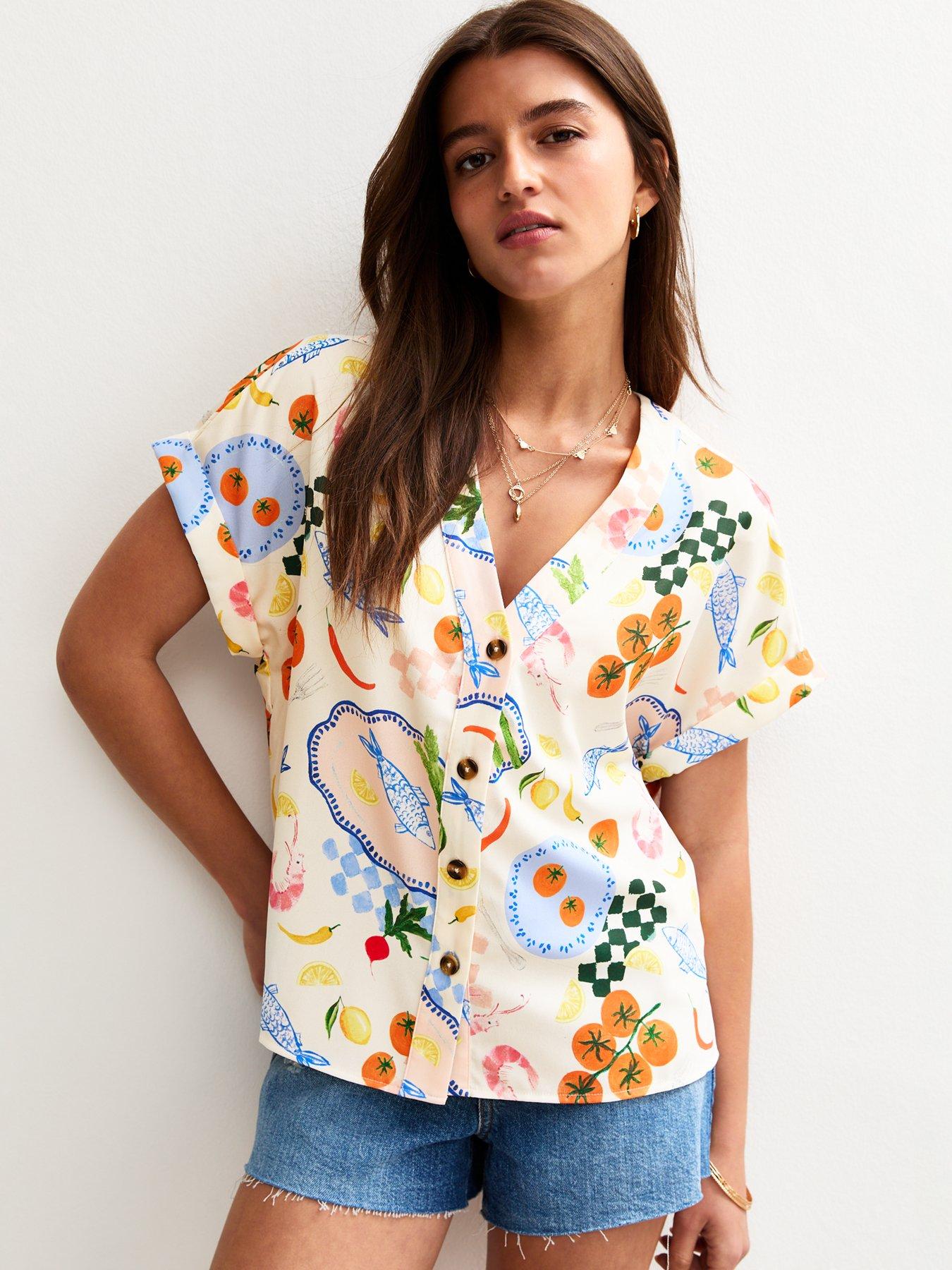 undefined Fish Picnic Print Button Front Top - White