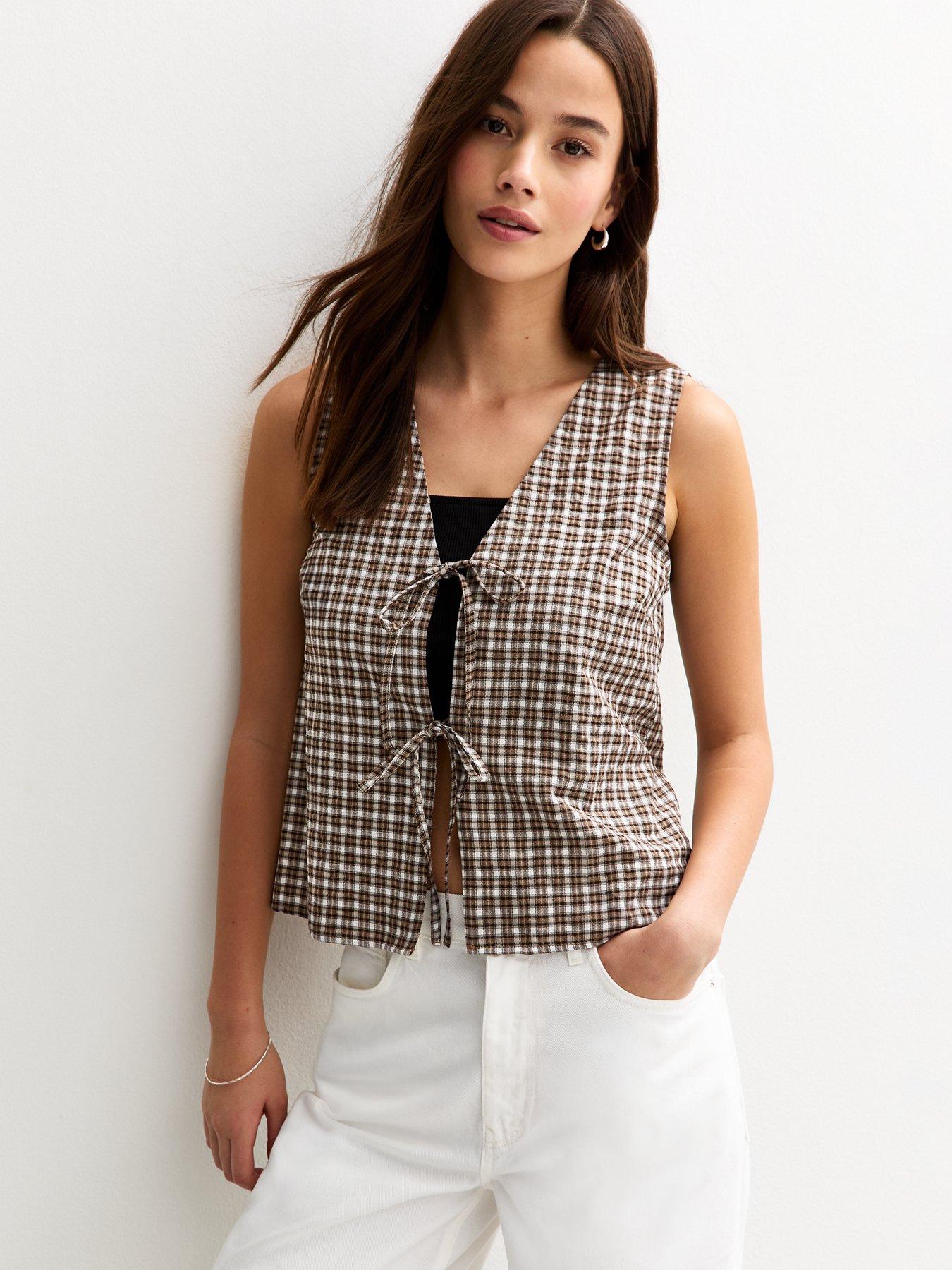 undefined Black Textured Check Pattern Tie Front Top