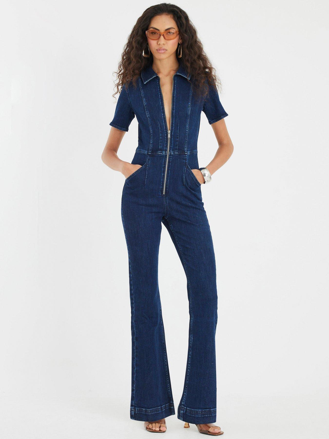 undefined Short Sleeve Johnson Seamed Zip Jumpsuit - Blue