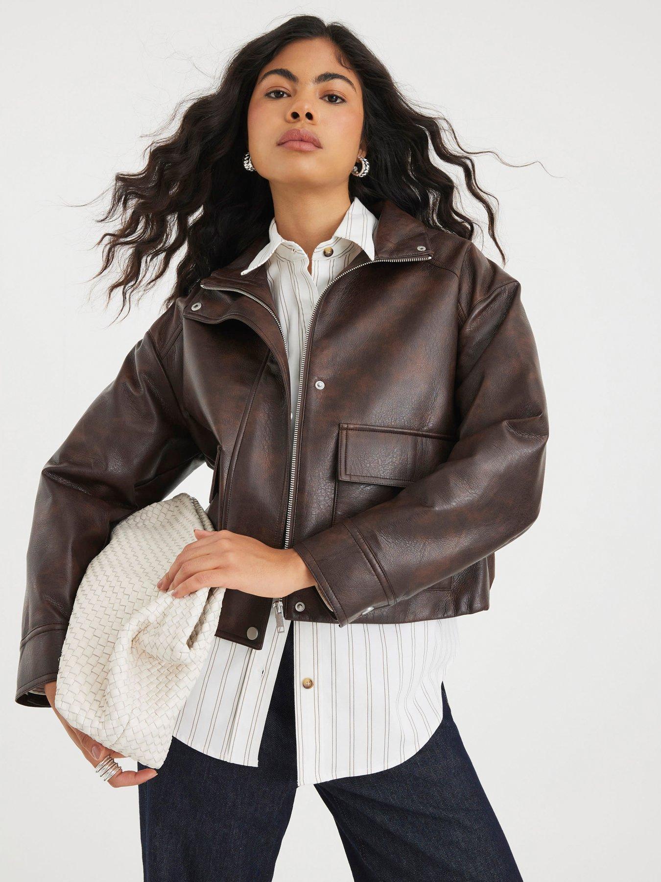 Image 1 of 6 of River Island Funnel Neck Ultimate Bomber Jacket - Brown