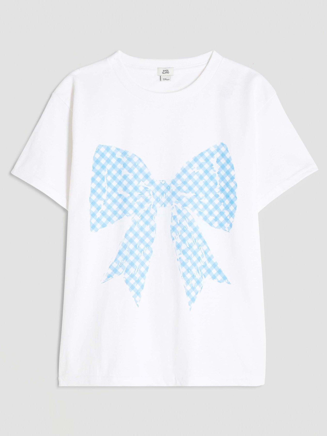 undefined Older Girl Gingham Bow T-Shirt - White