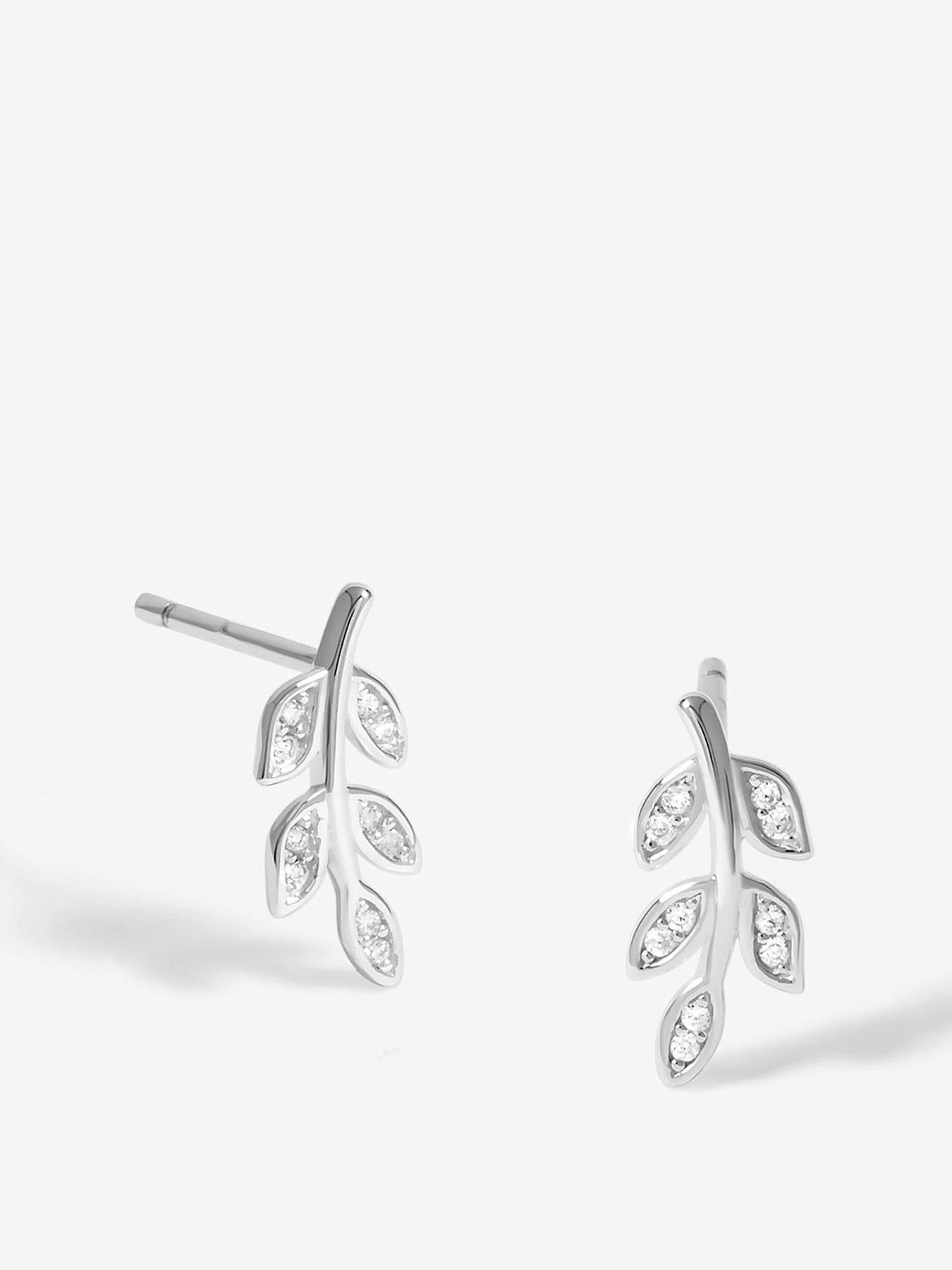 undefined Sterling Silver 925 Cubic Zirconia Leaf Stud Earrings