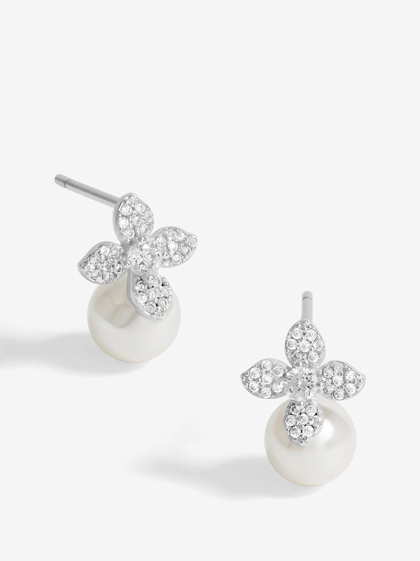 undefined Sterling Silver 925 Cubic Zirconia Flower and Pearl Drop Stud Earrings