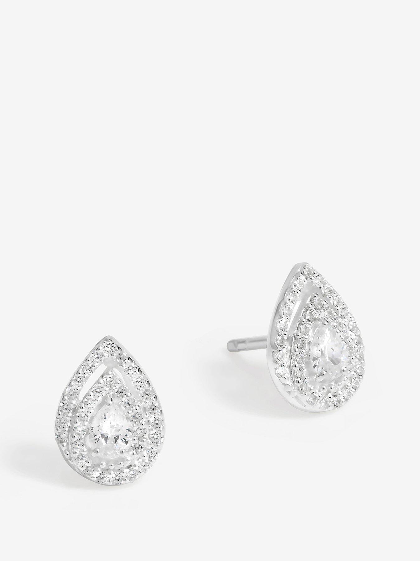 undefined Sterling Silver 925 Cubic Zirconia Double Halo Pear Stud Earrings