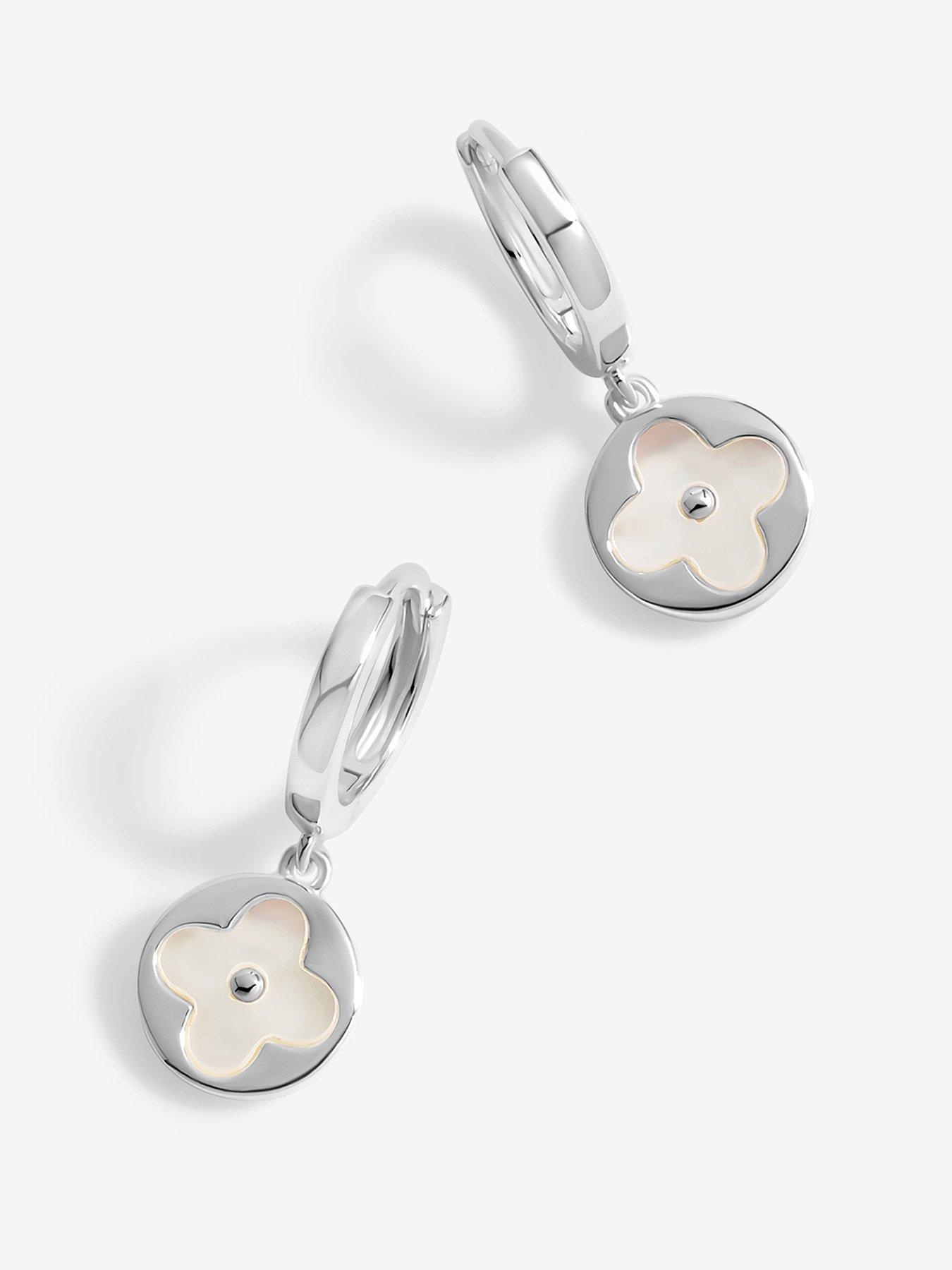 undefined Sterling Silver 925 Mother Of Pearl Round Clover charm huggie Earrings