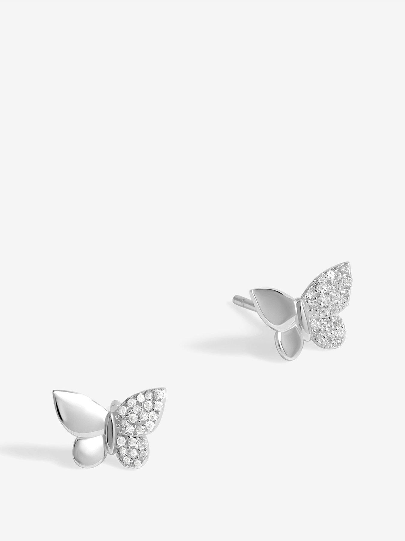 undefined Sterling Silver 925 Polished and Pave Butterfly Stud Earrings