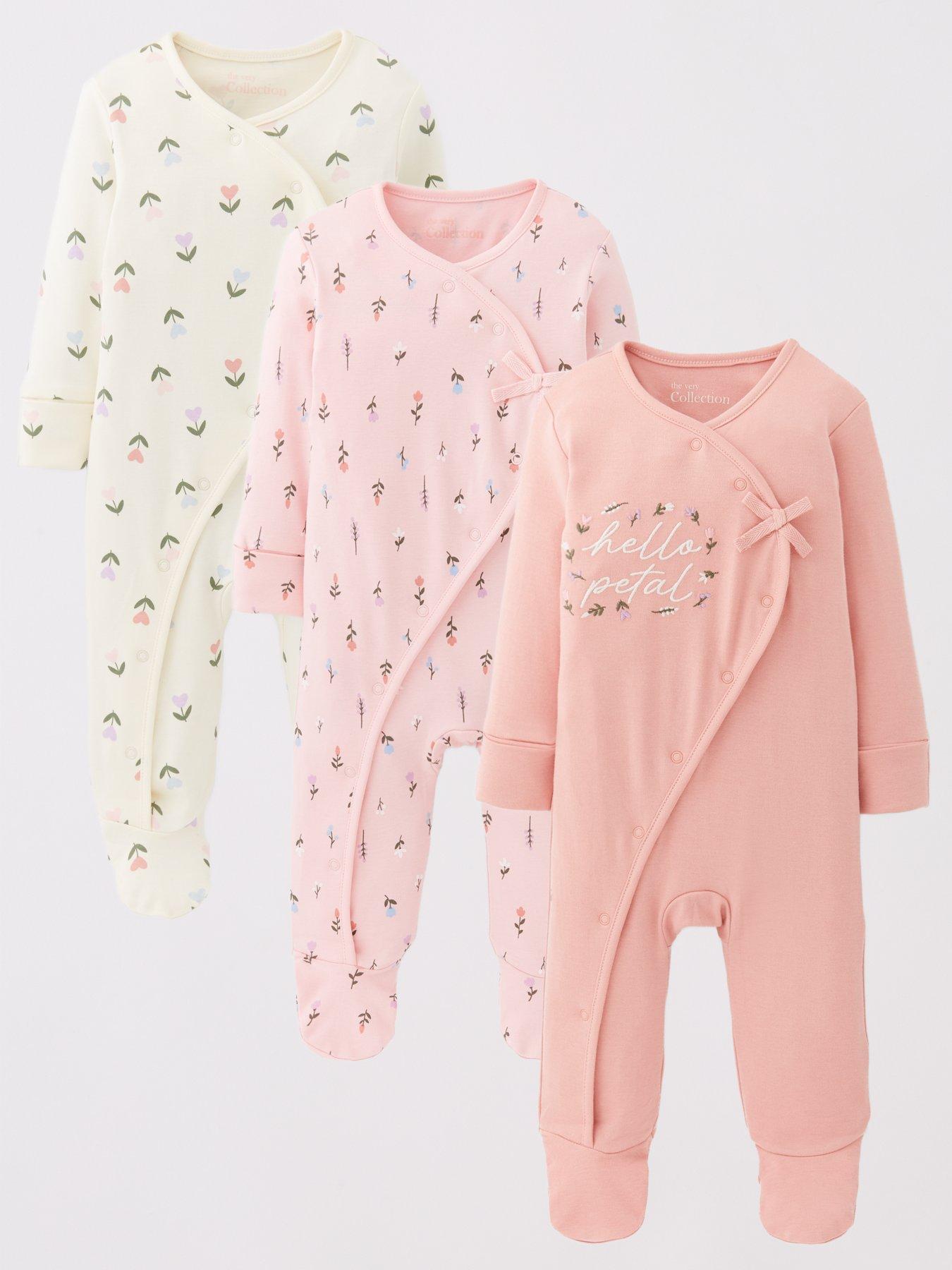 The Very Collection Baby Girls Tulip Cross Over 3 Pack Sleepsuits - Pink