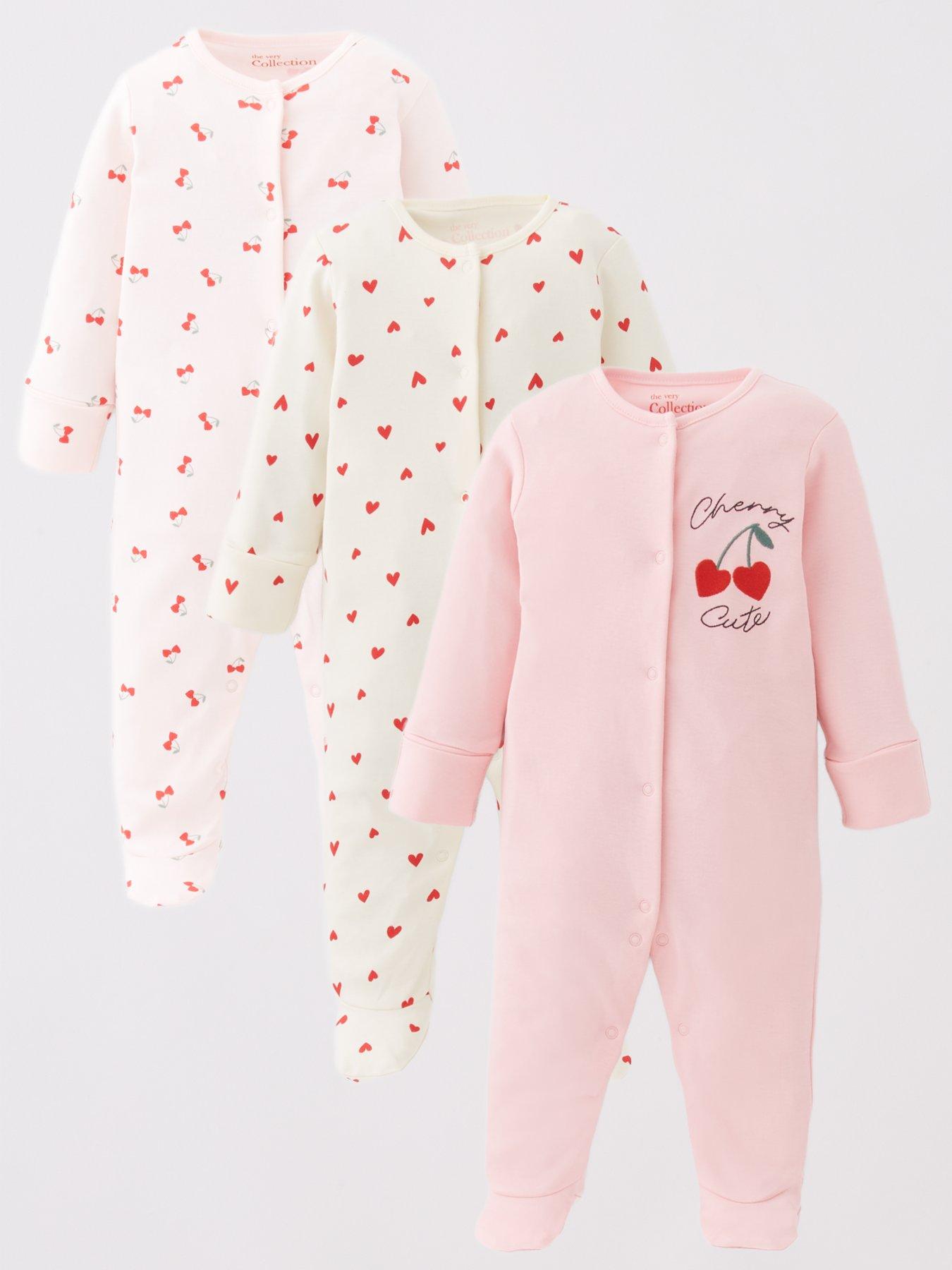 The Very Collection Baby Girls Fruit Print 3 Pack Cherry Heart Sleepsuits - Pink