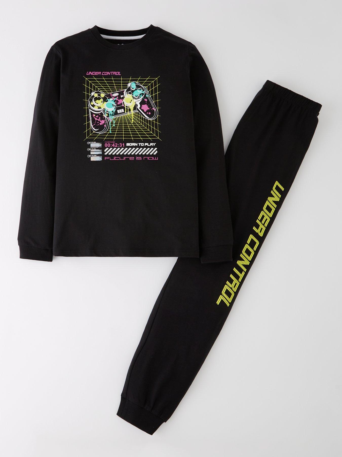 The Very Collection Boys Long Sleeve Bright Graphic Gaming Pyjamas - Black