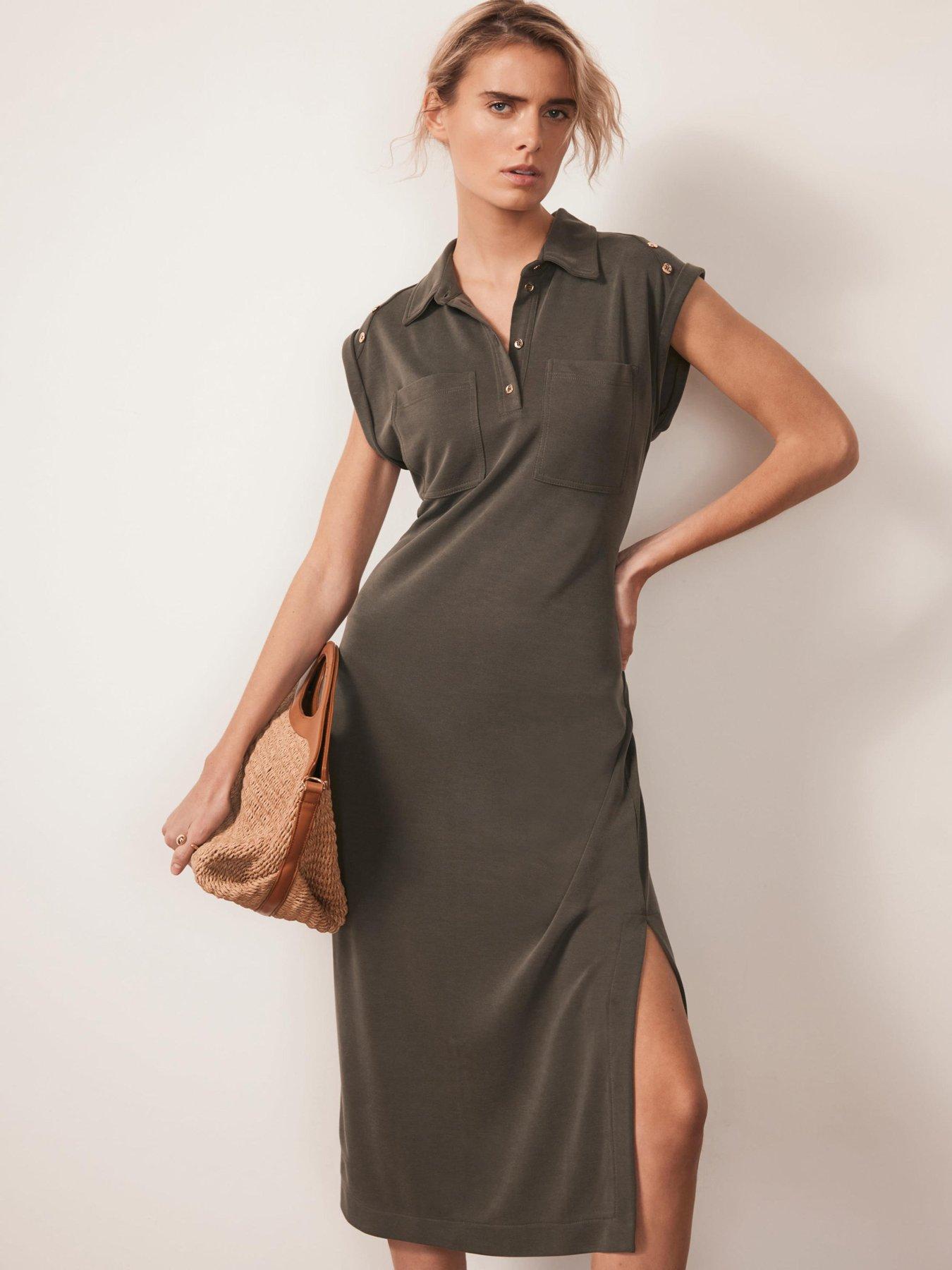 Image 1 of 6 of Mint Velvet Khaki Utility Midi Dress - Green