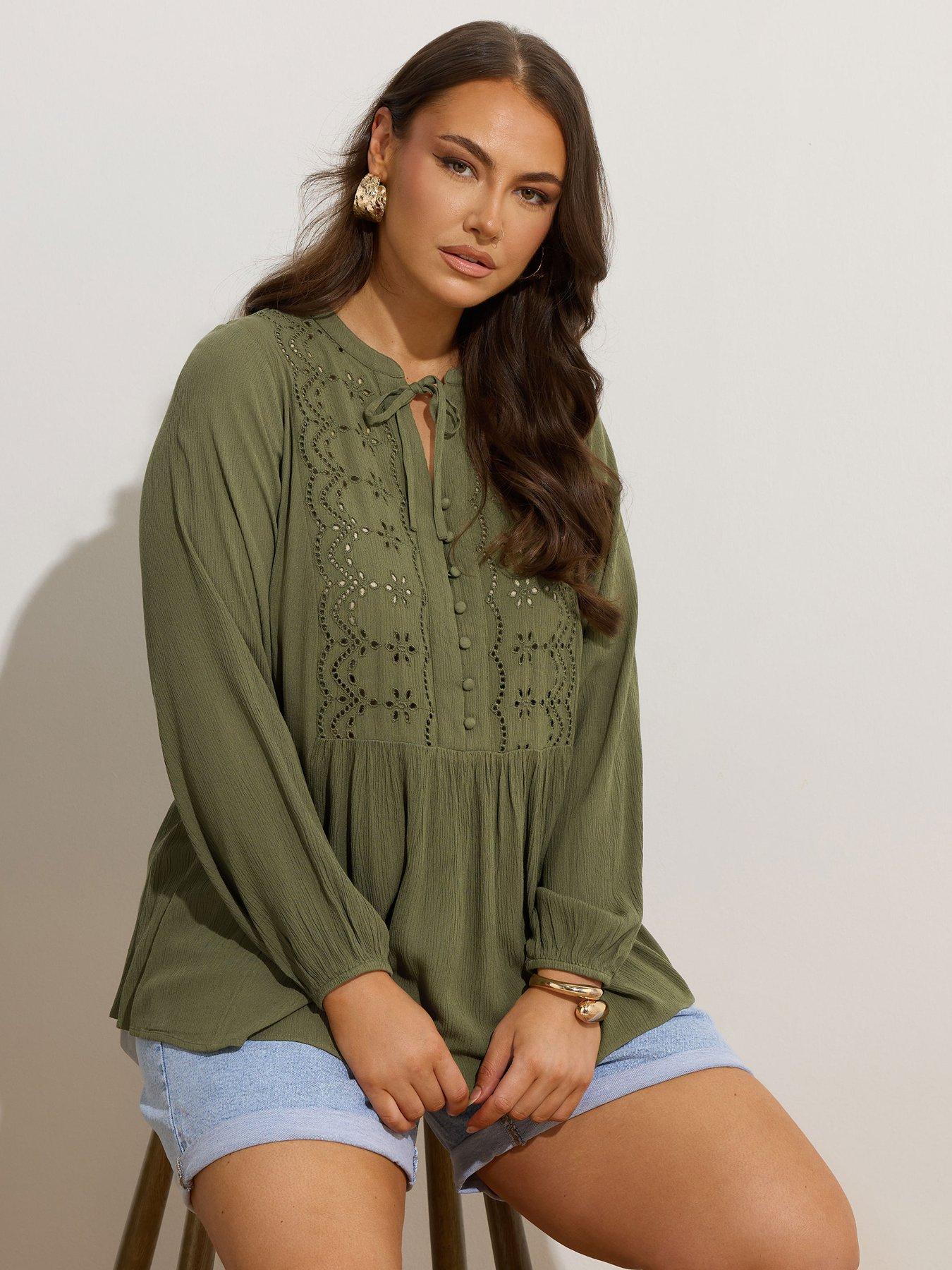 undefined Curve Broderie Tie Neck Blouse - Green