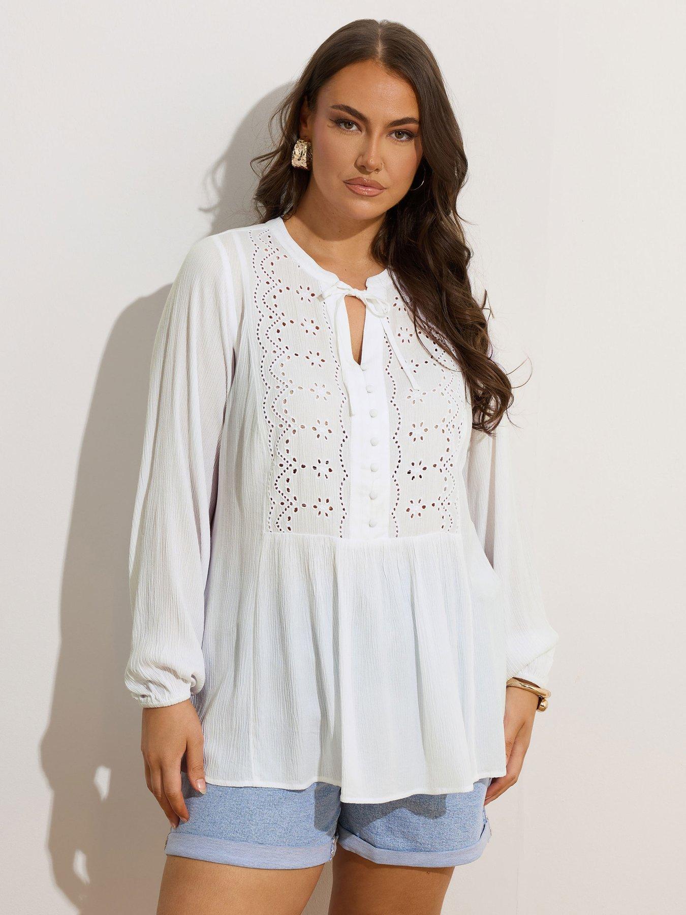 undefined Curve Broderie Tie Neck Blouse - White
