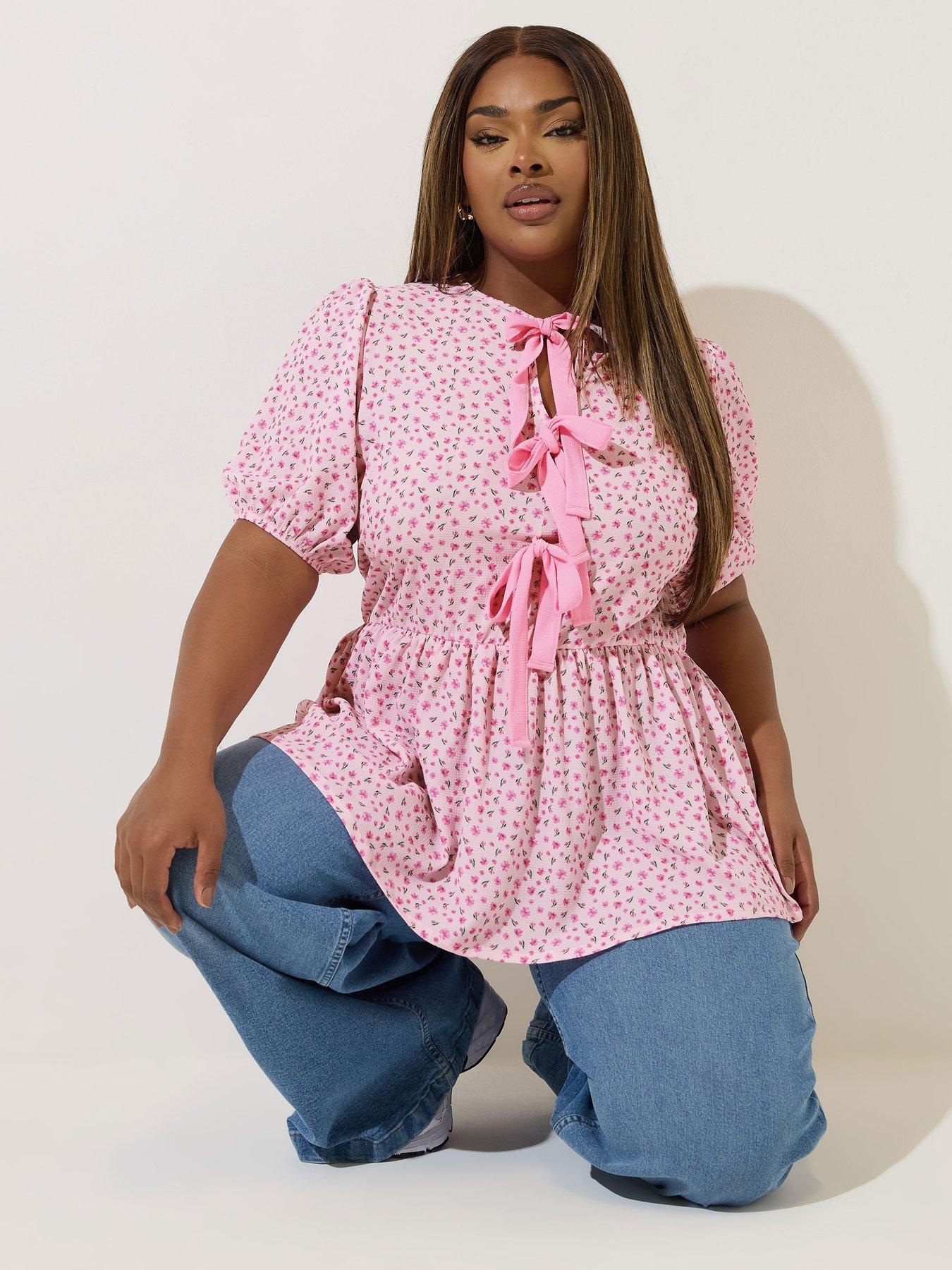 undefined Curve Ditsy Tie Front Top - Pink