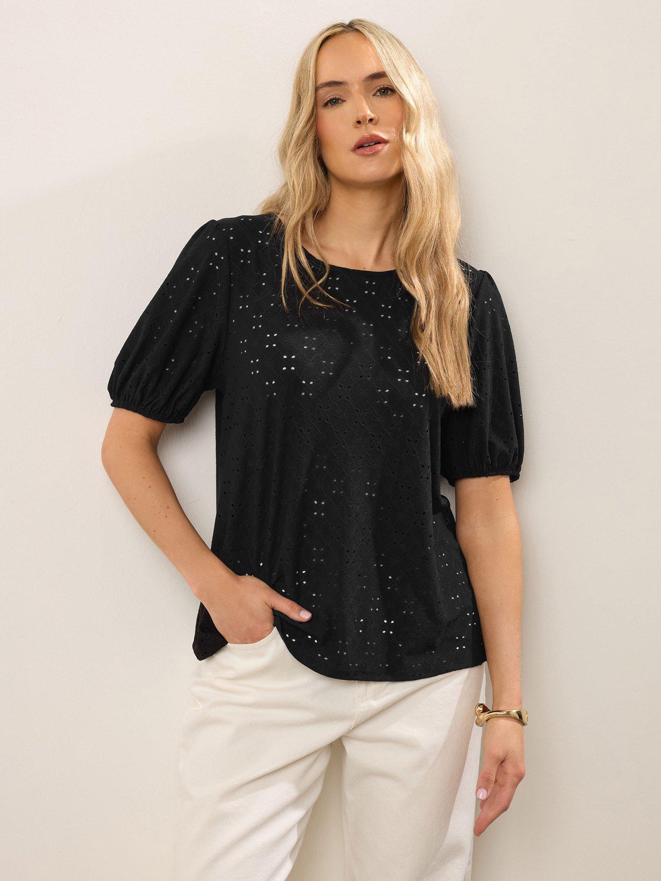 undefined Tall Broiderie Puff Sleeve Top - Black