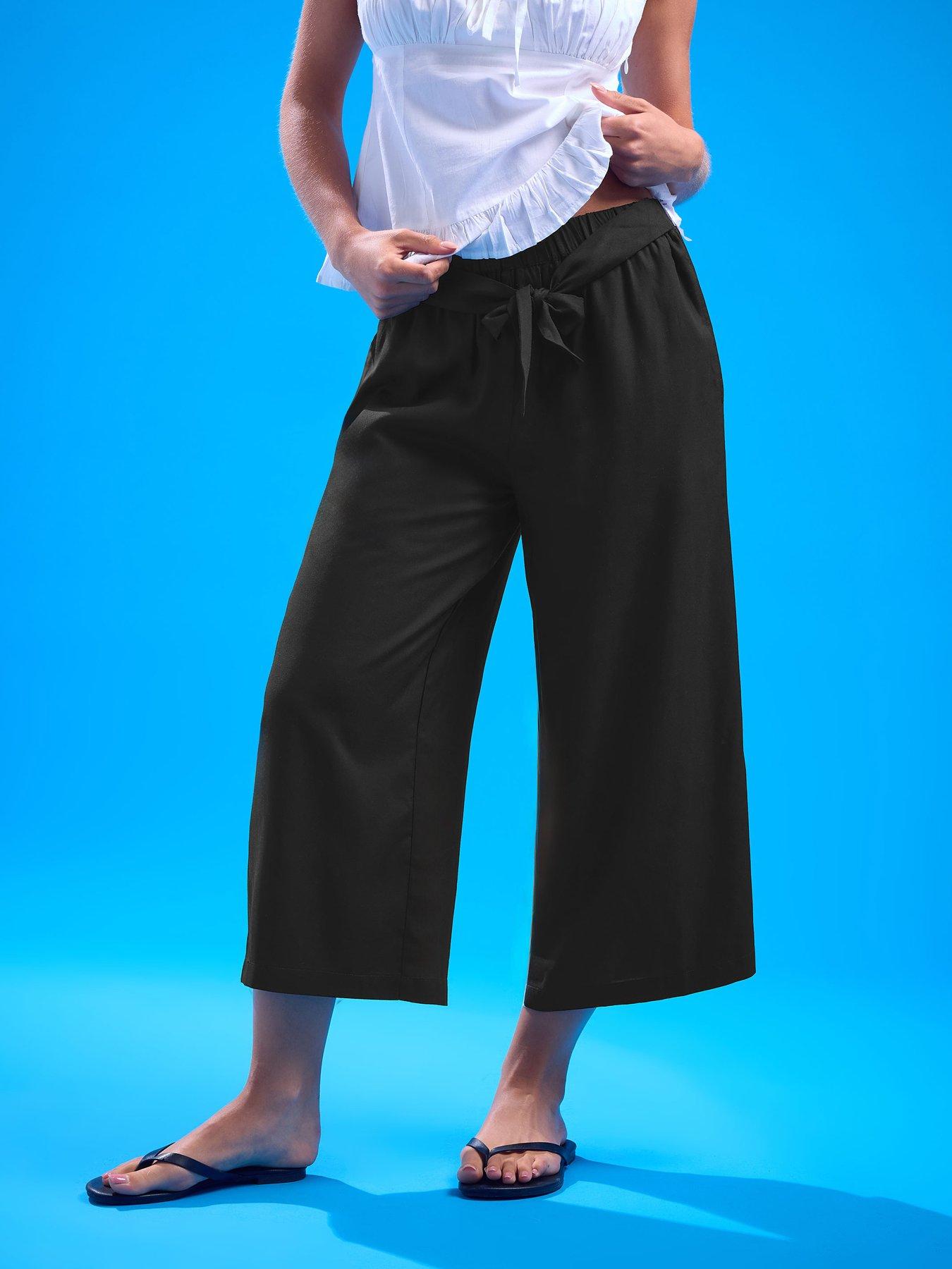 undefined Petite Tie Belt Crop Wide Leg Trousers - Black