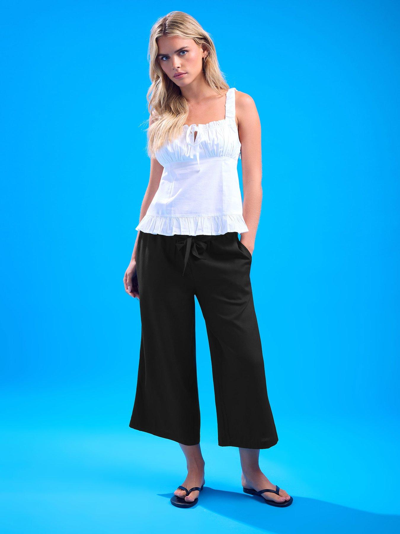 Image 3 of 5 of Yours Petite Tie Belt Crop Wide Leg Trousers - Black
