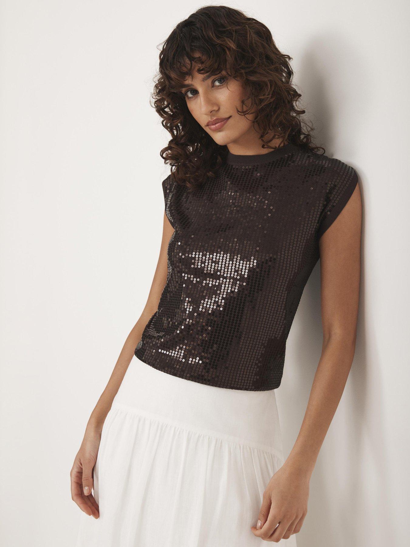 undefined Sequin Sleeveless Top - Brown