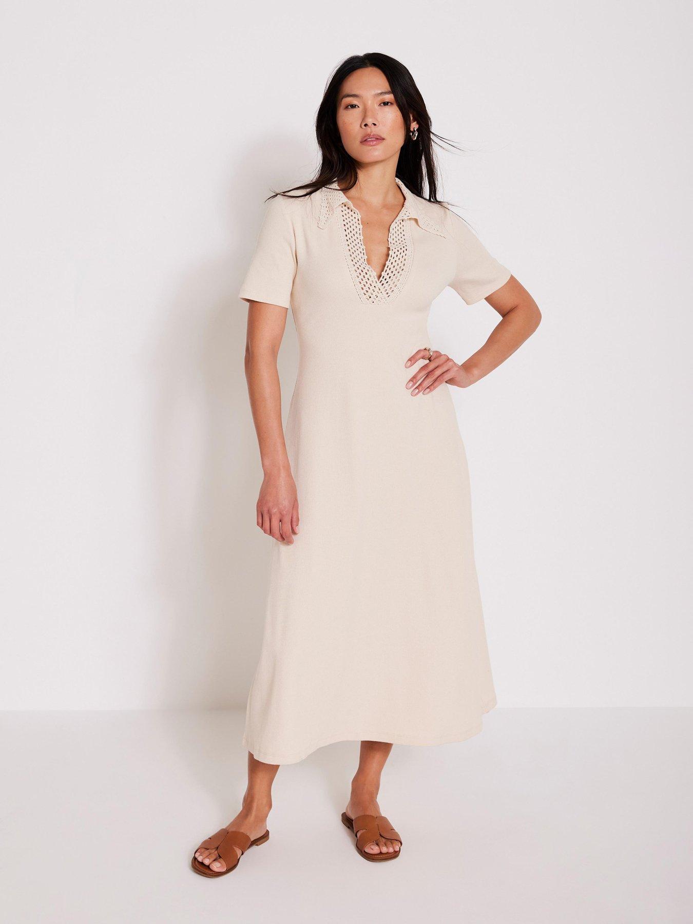 undefined Crochet Collar Midi Dress - Cream