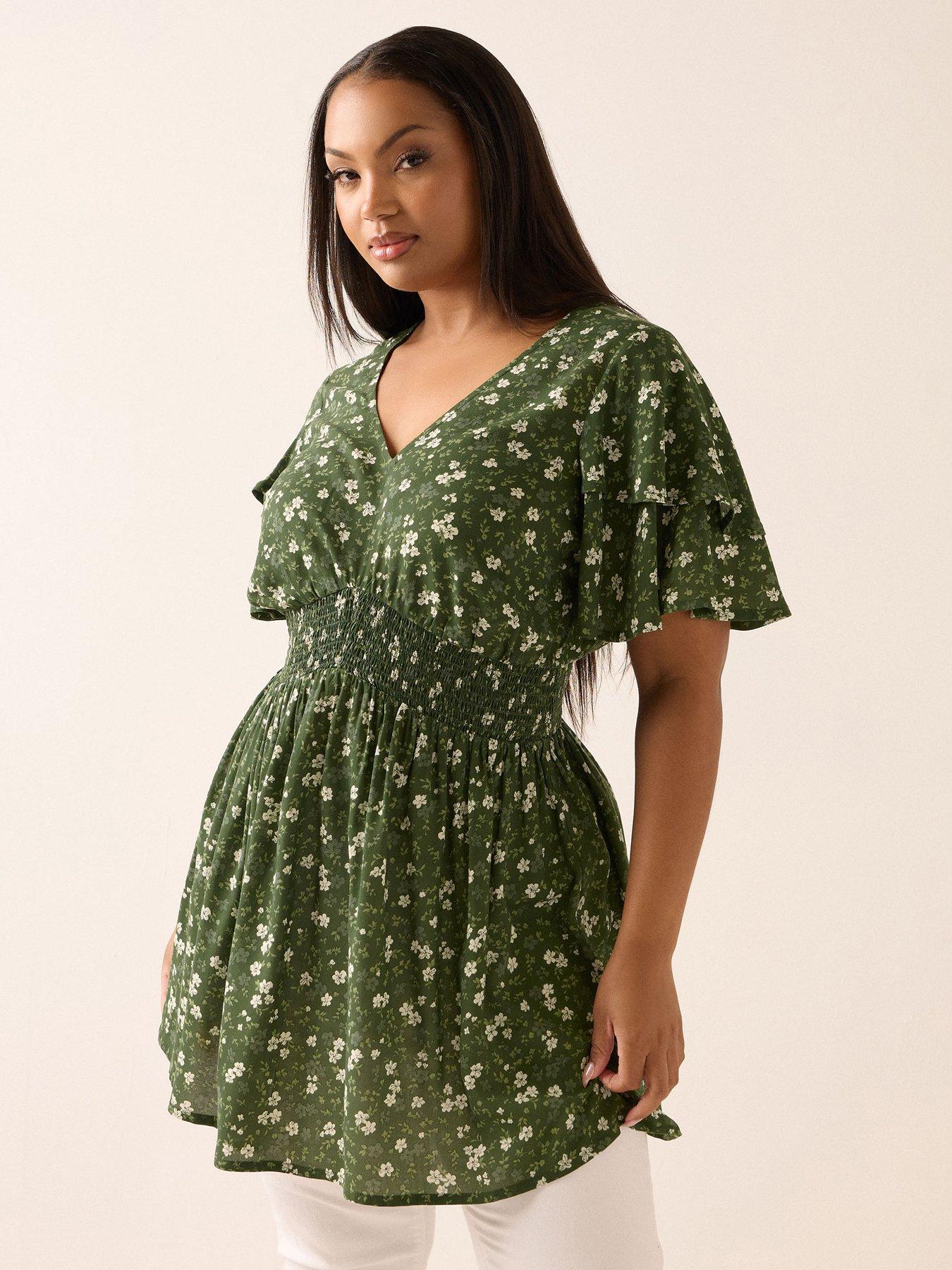 undefined Curve Flutter Sleeve Top - Green
