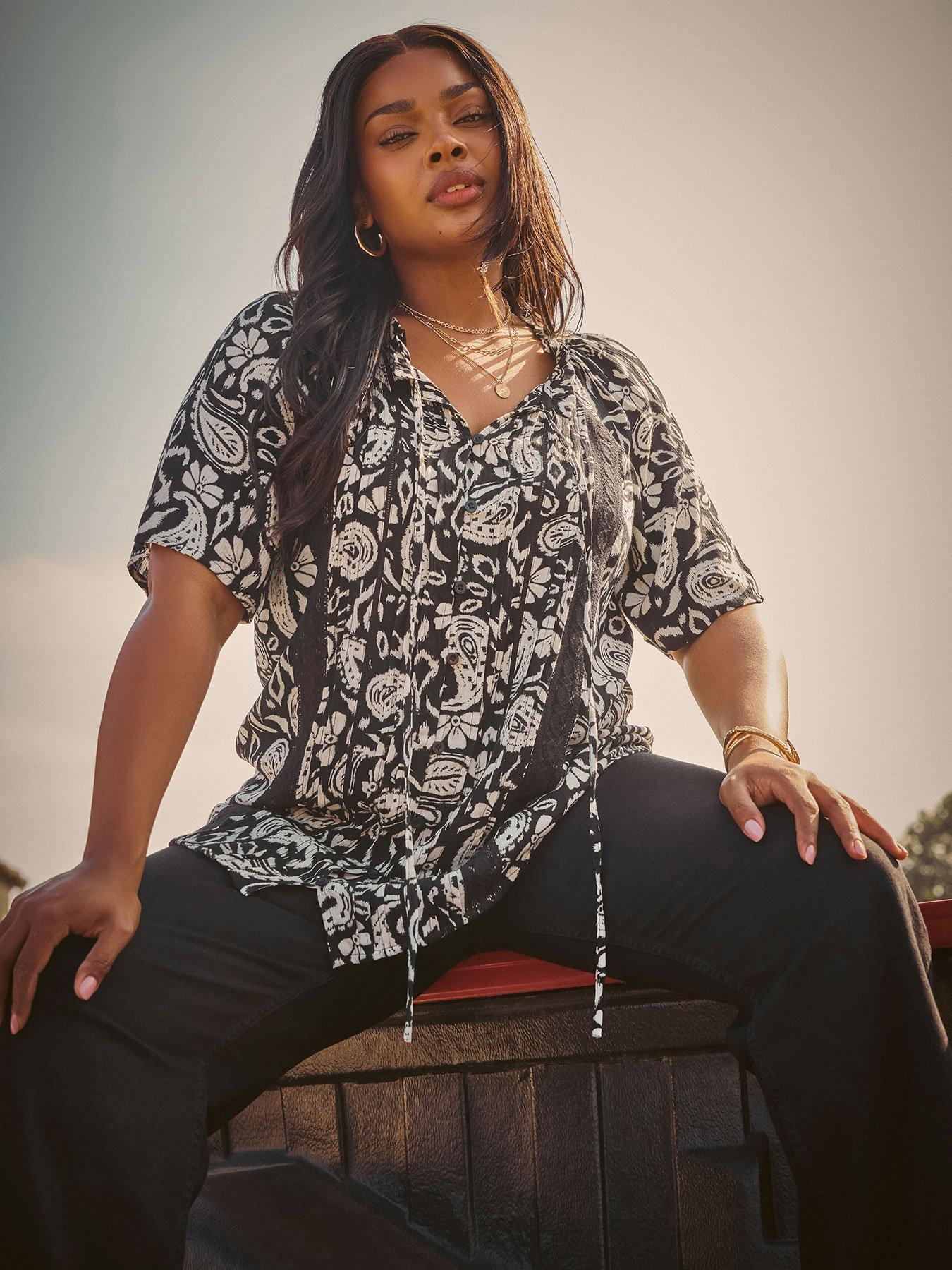 Yours Curve Gypsy Pintuck Blouse - Black